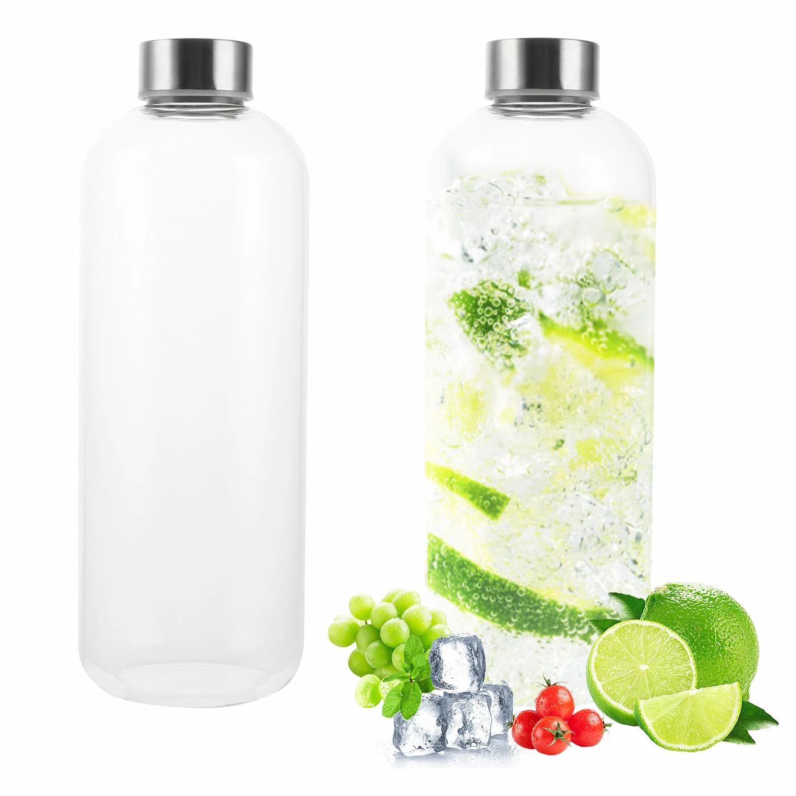 Zestaw 2 szklanych butelek o pojemności 1 l, szklana butelka na napoje o pojemności 1 l, ze szkła borokrzemowego – z pokrowcem neoprenowym 1000 ml / 35 oz, nadaje się do mycia w zmywarce