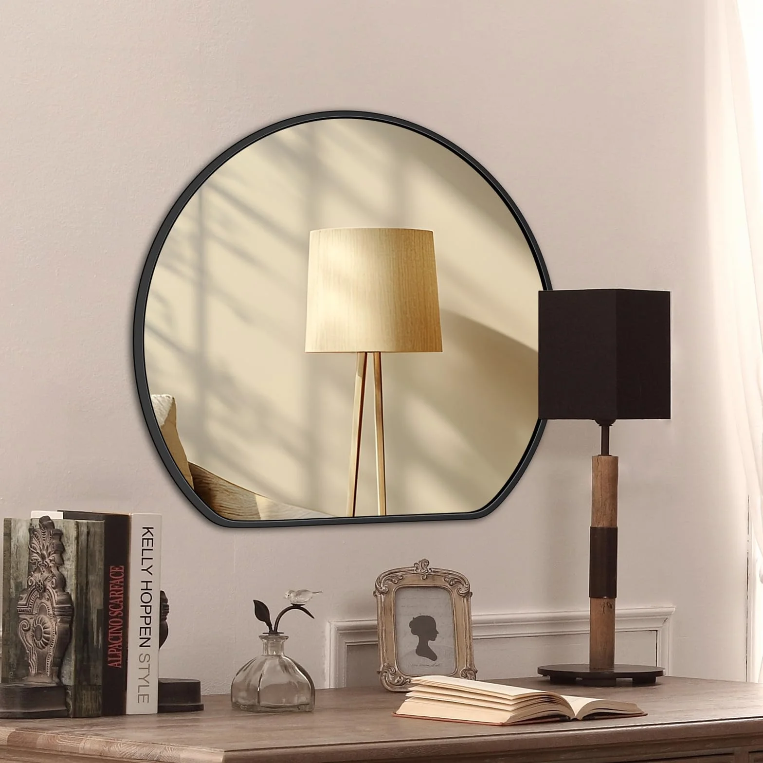 Czarne lustro ramowe, 60 cm, duże lustro ścienne, półokrągłe lustro łazienkowe montowane na ścianie do domu, dekoracyjne lustro toaletkowe do łazienki, garderoby i salonu