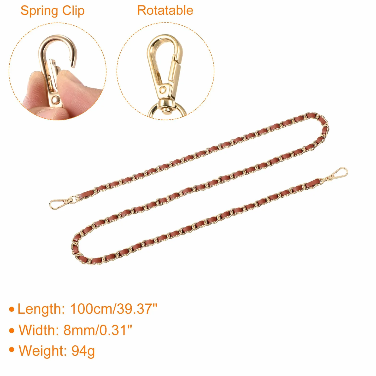 QUARKZMAN Łańcuszek do torebki, 39" skóra, żelazny pasek do torebki, pasek do torebki na ramię i torby crossbody, zapasowy pasek (brązowy pasek + złoty łańcuszek)