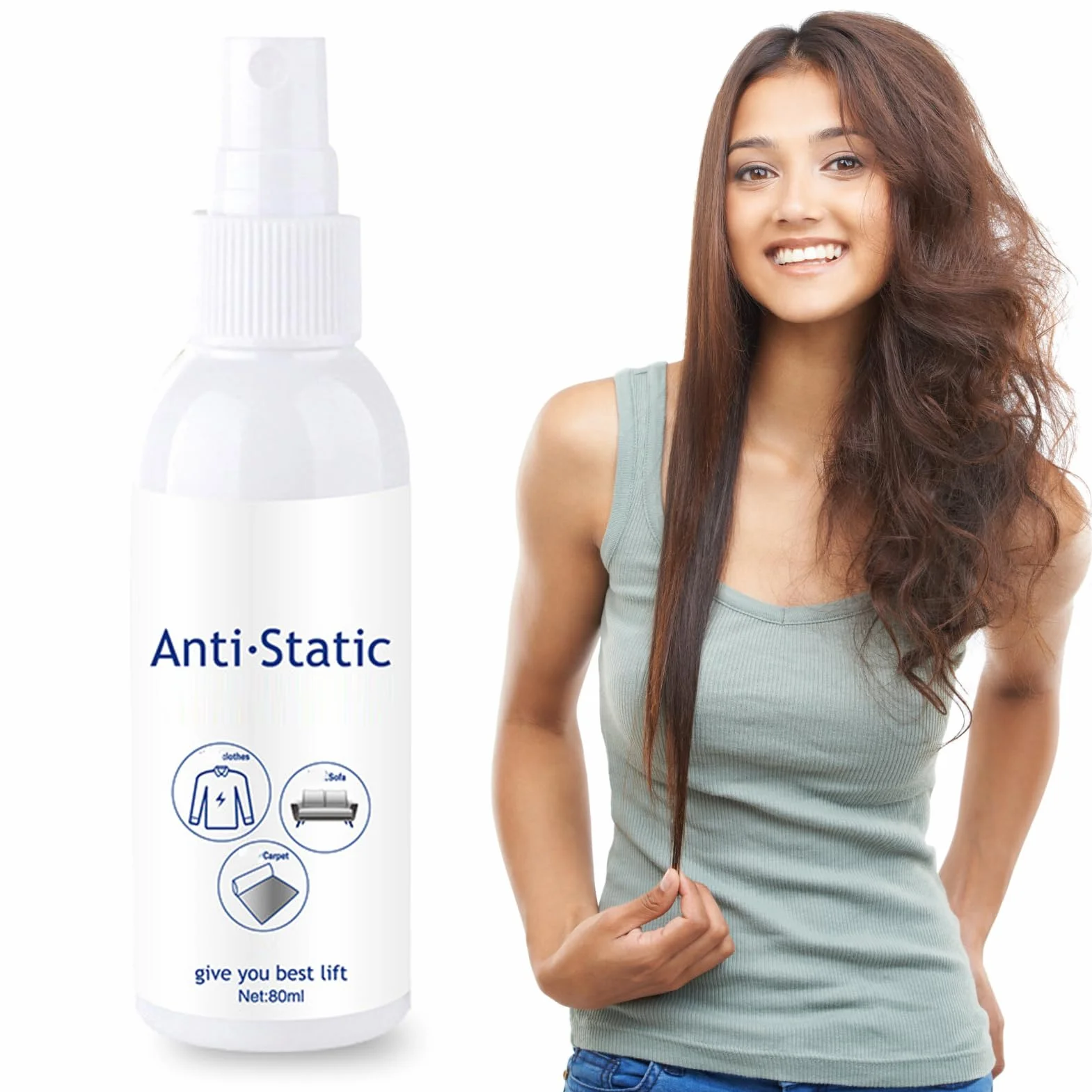 Spray statyczny, 80 ml, antystatyczny odświeżacz materiału, natychmiastowy efekt wygładzania i płyn do płukania tkanin, dywanów i mebli o długotrwałym działaniu
