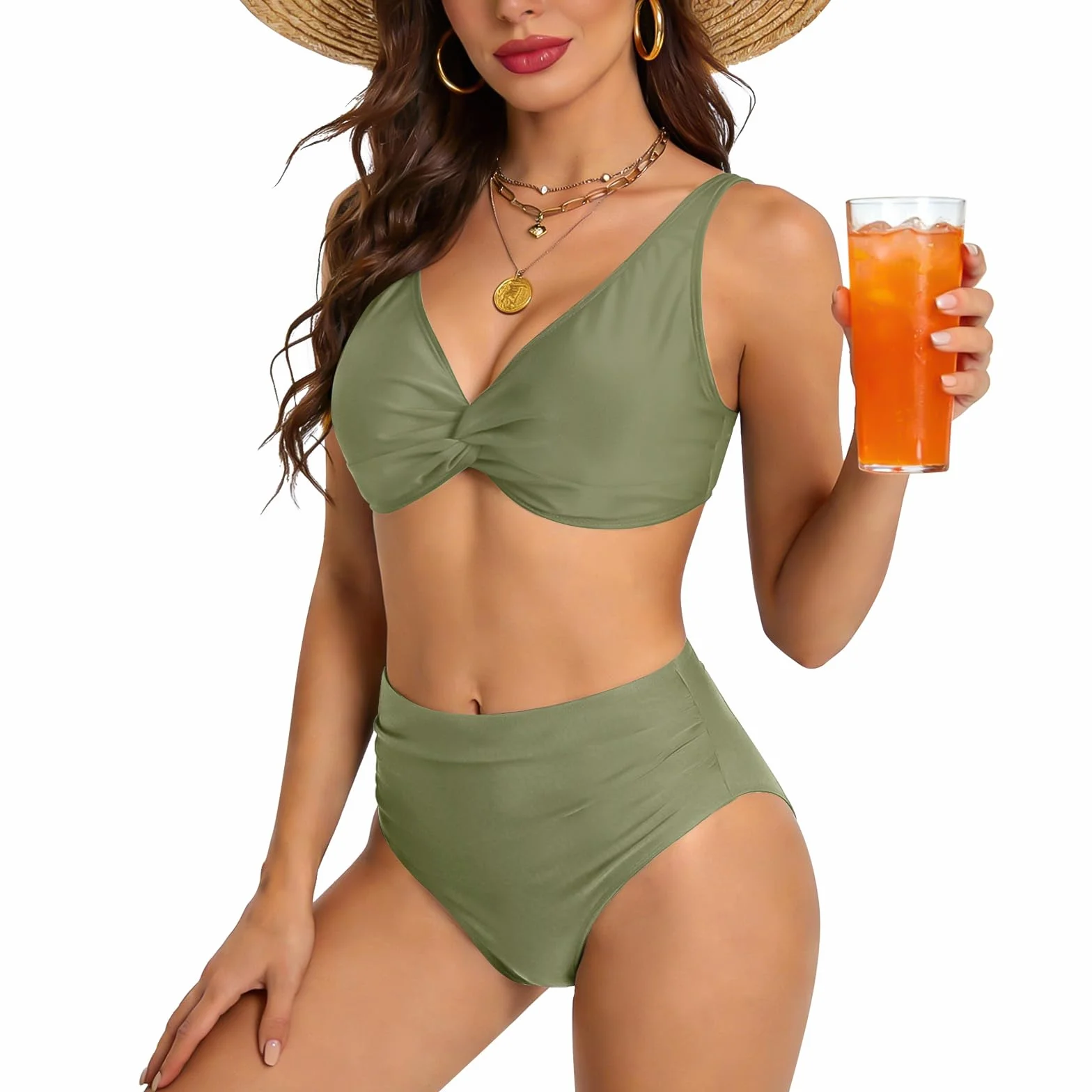 Damski zestaw bikini z wysokim stanem, stroje kąpielowe Twist Front, dekolt w serek, wyściełane dwuczęściowe stroje kąpielowe, kontrola brzucha, marszczone kostiumy kąpielowe, seksowne ubrania