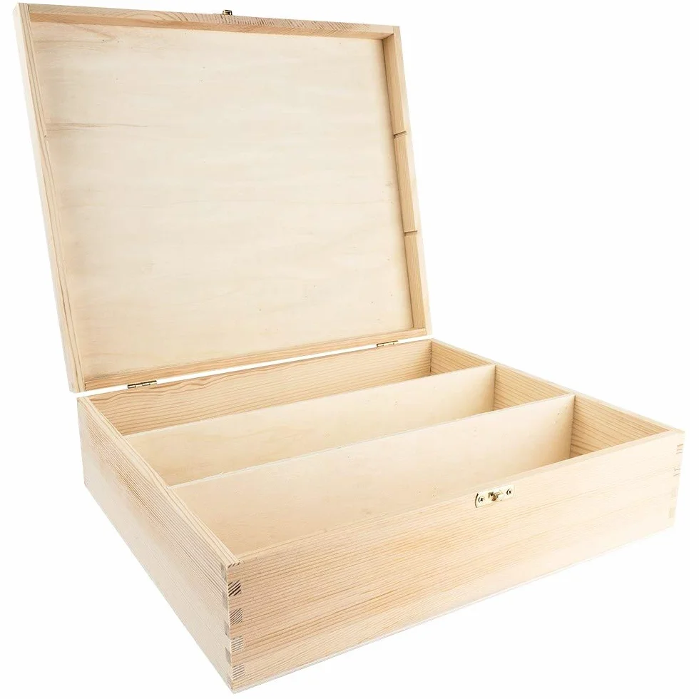 Drewniane pudełko na wino 3 przegródki 35x30x10 cm złote metalowe zamknięcie DIY