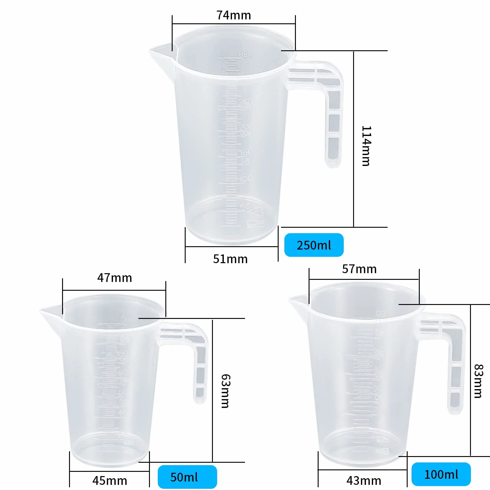 Zestaw 3 precyzyjnych miarek 50 ml, 100 ml, 250 ml z wagą do detergentów