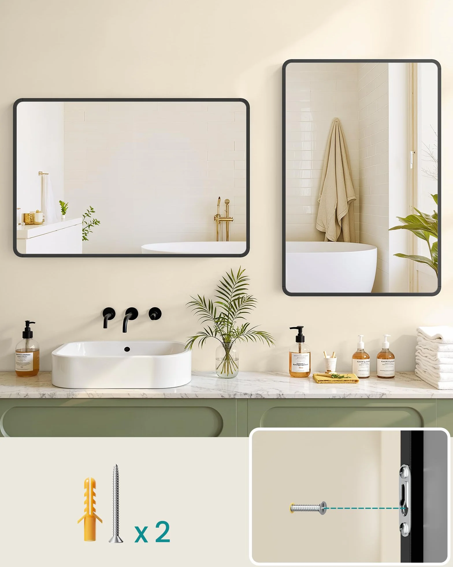 SONGMICS LWM010BD01 Lustro łazienkowe, montowane na ścianie, prostokątne, aluminiowa rama, 91 x 61 cm, z folią bezpieczeństwa, 2 opcje montażu, do salonu, sypialni, łazienki, czarne atrament