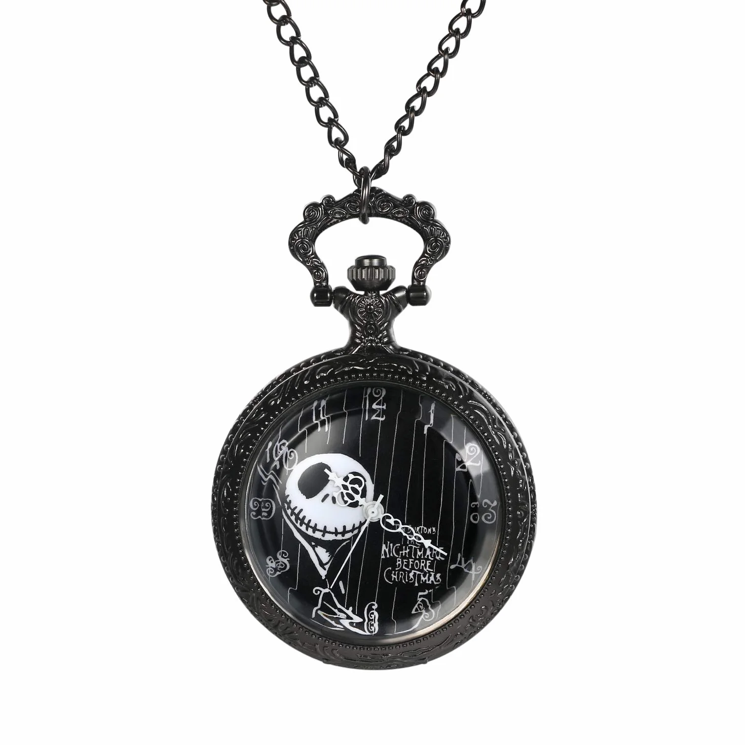 JewelryWe Nightmare Before Christmas zegarek kieszonkowy męski damski antyczny zegarek kieszonkowy z łańcuszkiem czarny naszyjnik zegarek na Boże Narodzenie
