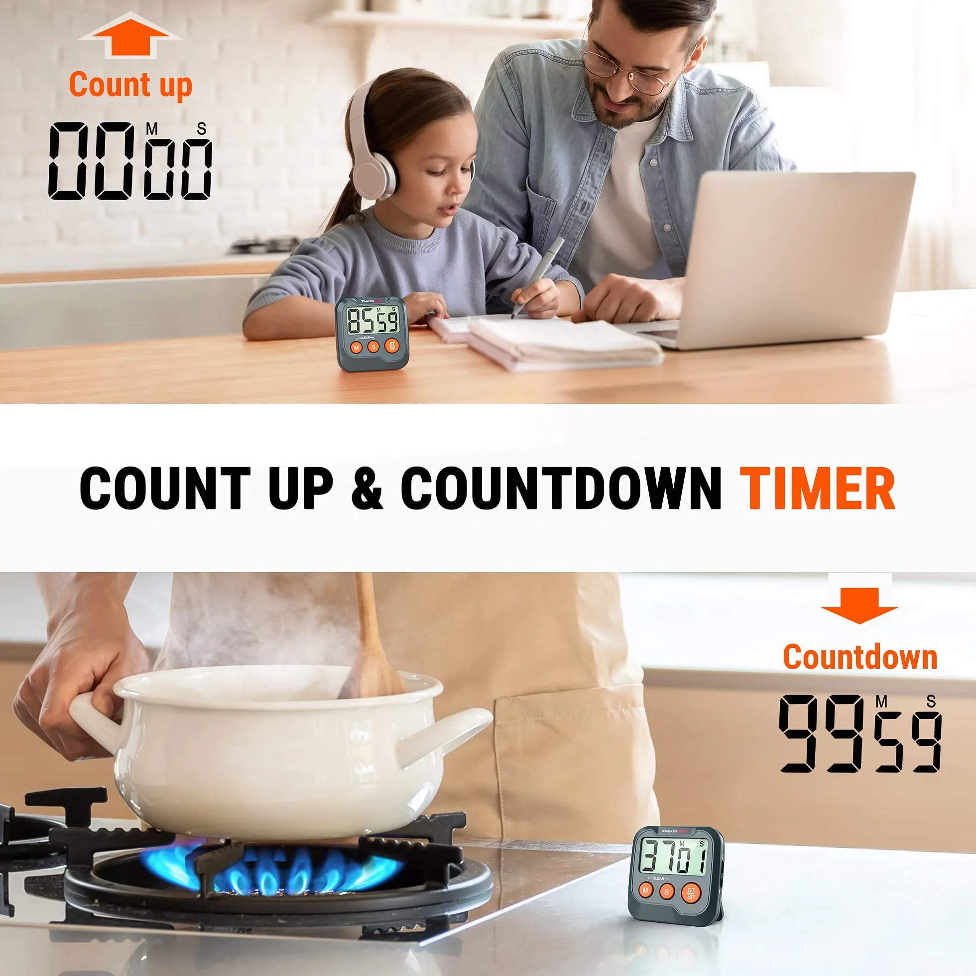 ThermoPro TM03W Cyfrowy Zegar Kuchenny Minutnik z Dużym Wyświetlaczem LCD i Alarmem