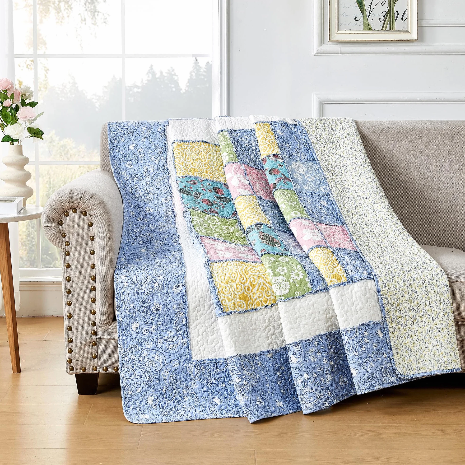 Cozyholy Oryginalna 100% Bawełniana Patchworkowa Kołdra Podwójna Niebieska Paisley Kwiatowa Narzuta Dwustronna Vintage Shabby Chic Pikowana na Kanapę Sofę