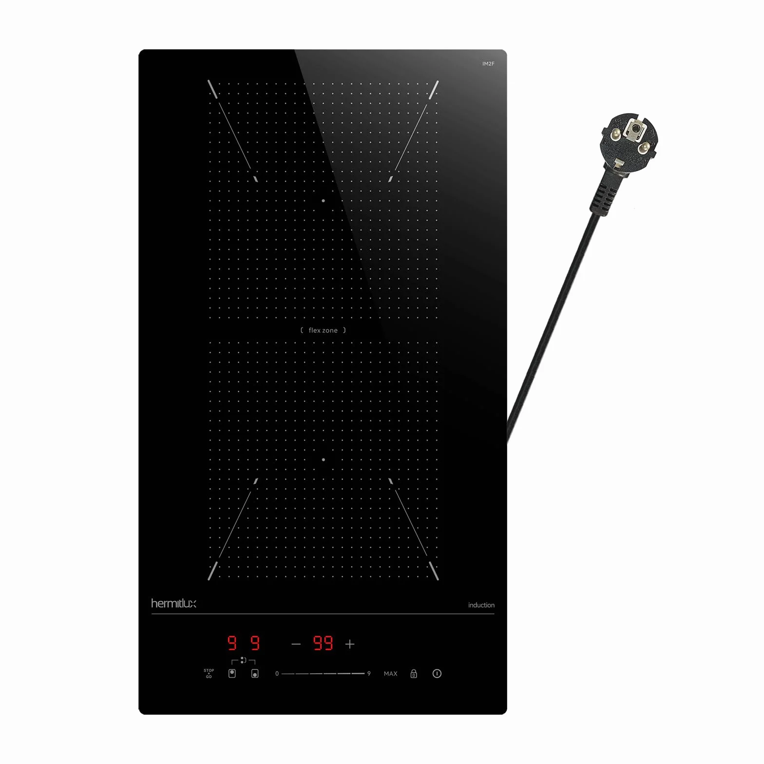 Hermitlux Płyta indukcyjna ze strefami flex, płyta indukcyjna do zabudowy Domino z 9 poziomami mocy i funkcją Booster, wbudowany regulator suwakowy i timer, 30 cm, 3500 W