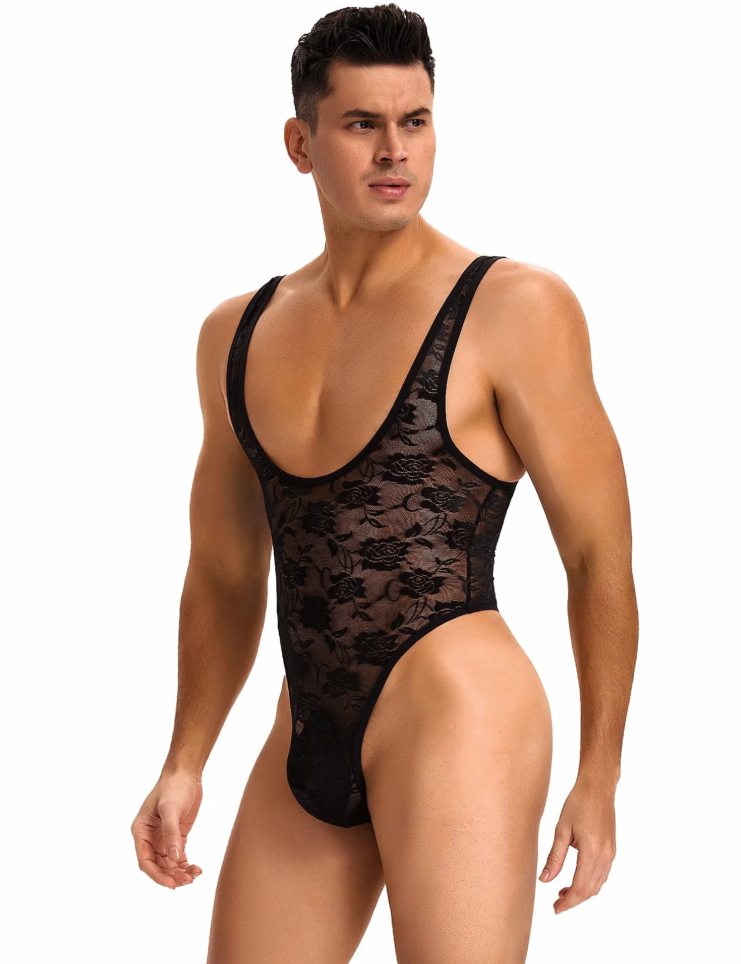 ohmydear Męskie body z siatki bielizna męska uwodzicielska gorąca mamuśka seksowna bielizna męska bez rękawów bodystocking męska seksowna odzież bez pleców plus size