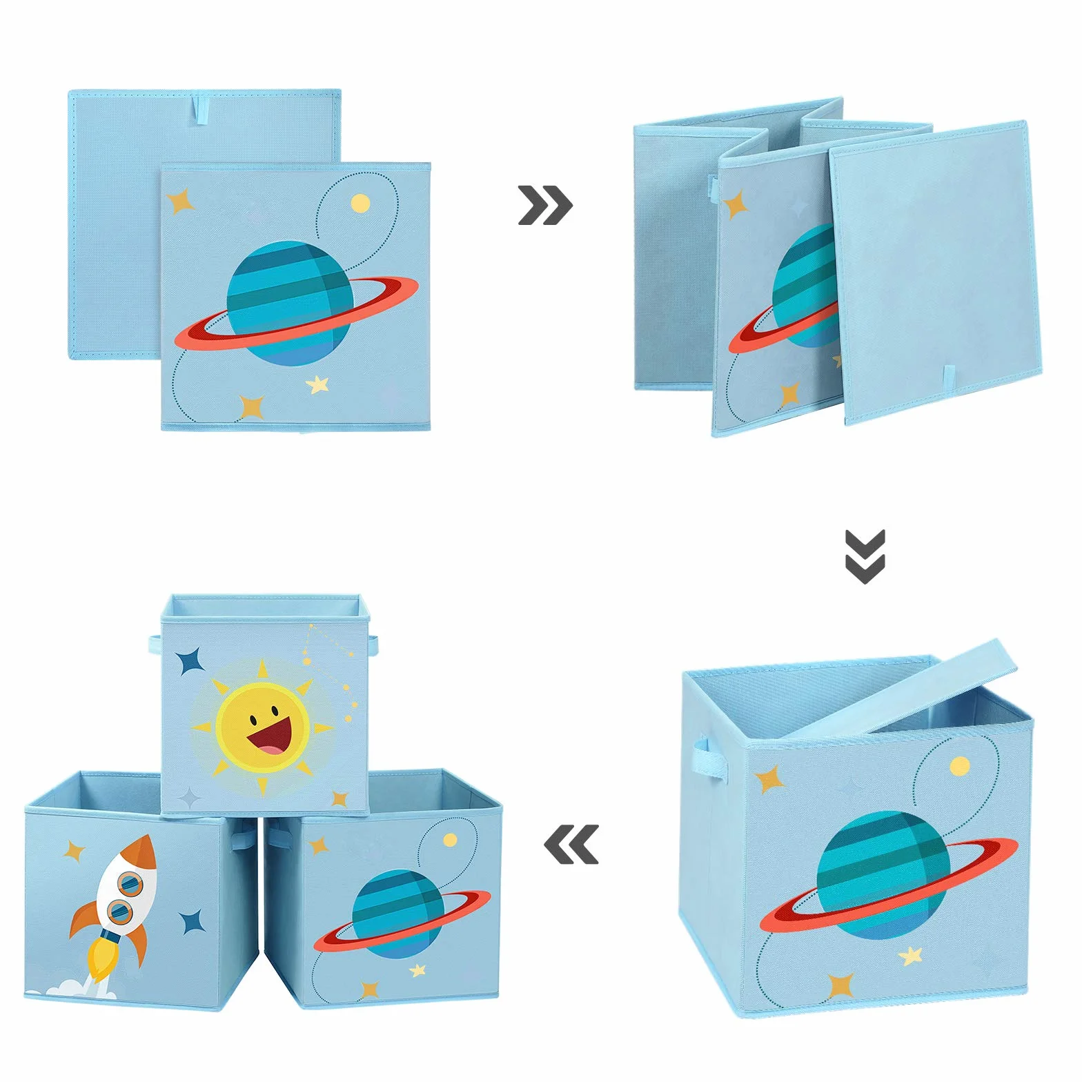 SONGMICS 3-częściowy zestaw pudełka do przechowywania z materiału, 30 x 30 x 30 cm, organizer na zabawki, składane, z 2 uchwytami, do pokoju dziecięcego, pokoju zabaw i sypialni, niebieskie RFB001B03