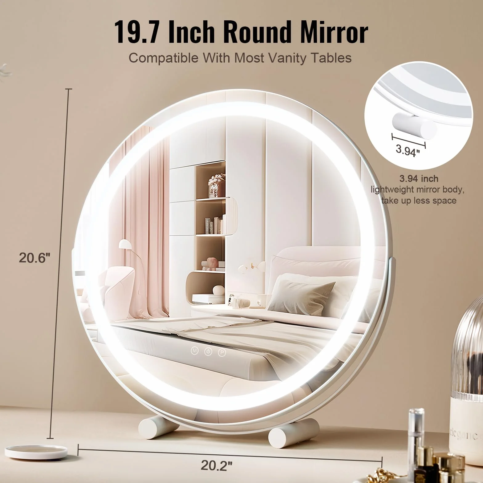 VEVOR Okrągłe podświetlane lustro LED z 3 trybami oświetlenia, 5-krotne powiększenie, sterowanie dotykowe, obrót 360°, 513x100x523 mm
