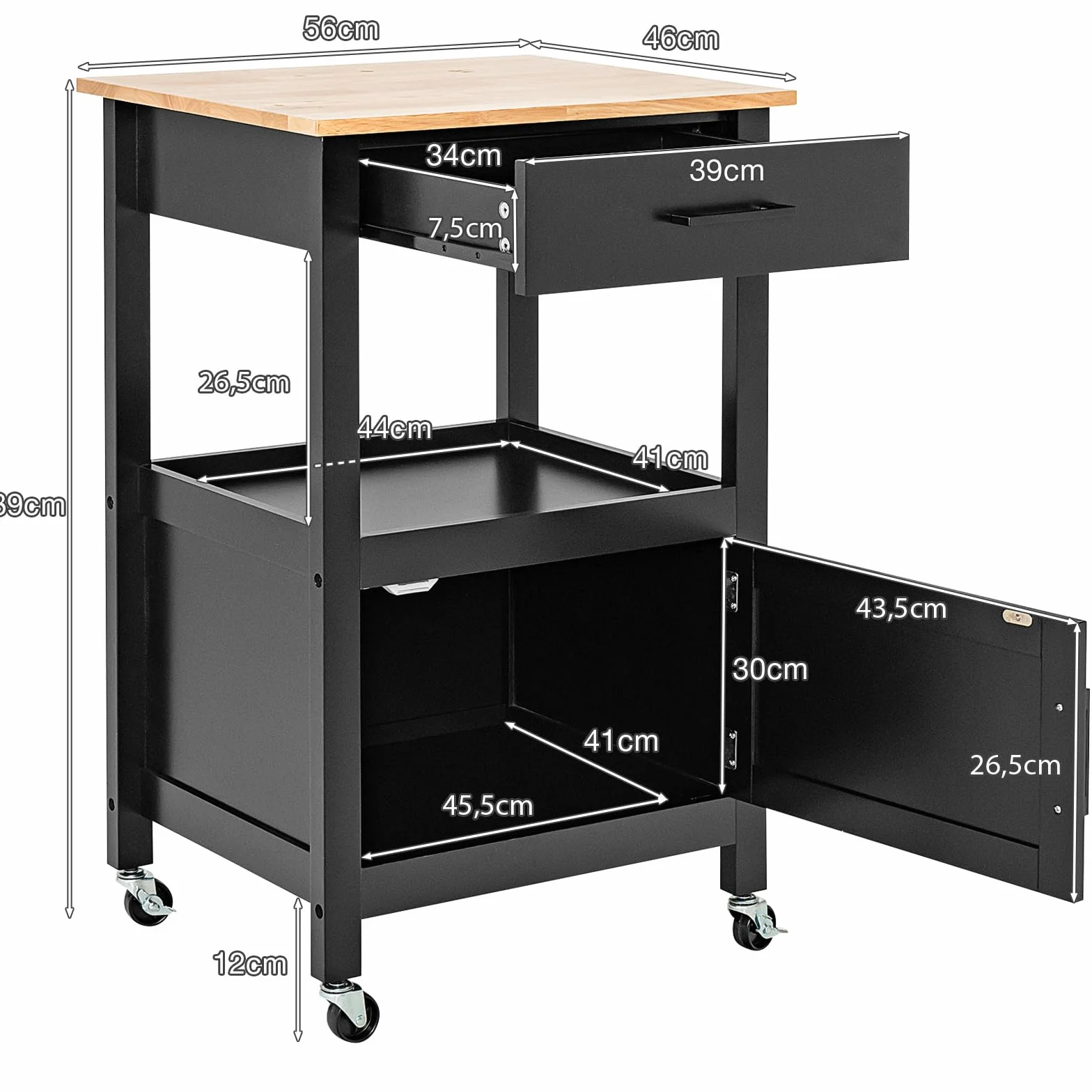 COSTWAY Mały Wózek Kuchenny na Kółkach, Wózek do Serwowania z Szafą, Szufladą i 3 Haczykami, Blat Roboczy z Drewna, Wyspa Kuchenna w Stylu Wiejskim, 56 x 46 x 89 cm