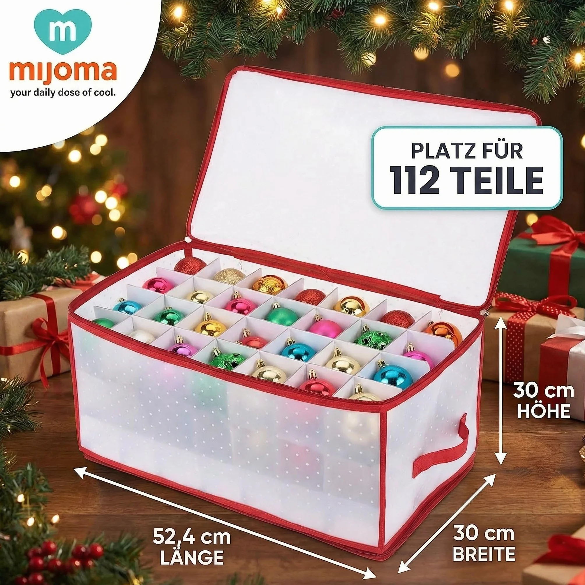 MIJOMA pudełko do przechowywania, pudełko do sortowania, torba bożonarodzeniowa na bombki choinkowe, ozdoby bożonarodzeniowe (52,4 x 30 x 30 cm, na 112 elementów)