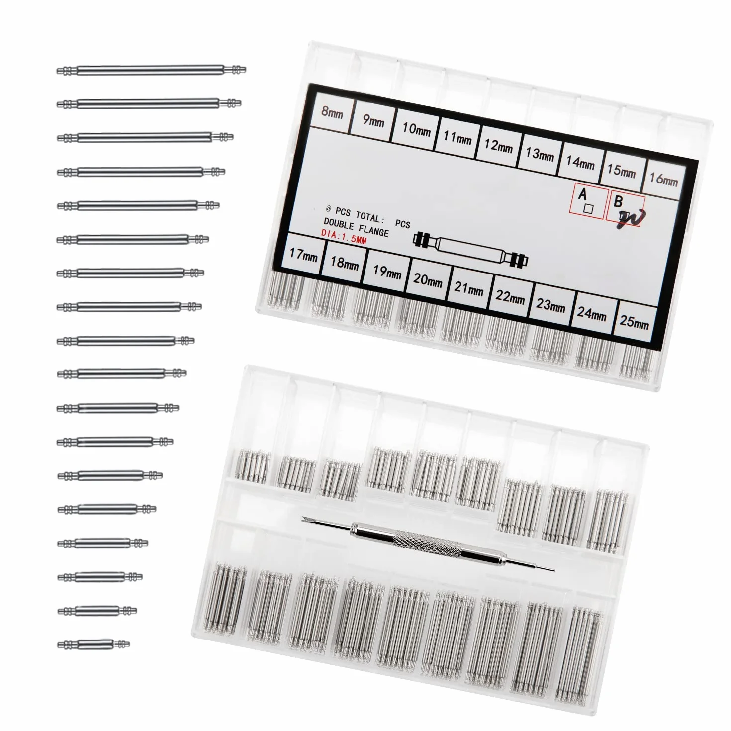 YIXISI 360 Sztuk 1.5mm Watch Spring Bars, Watch Band ze Stali Nierdzewnej Link Pin Spring Bars, Watch Pin Remover Tool Set 8-25 mm (Srebrny)