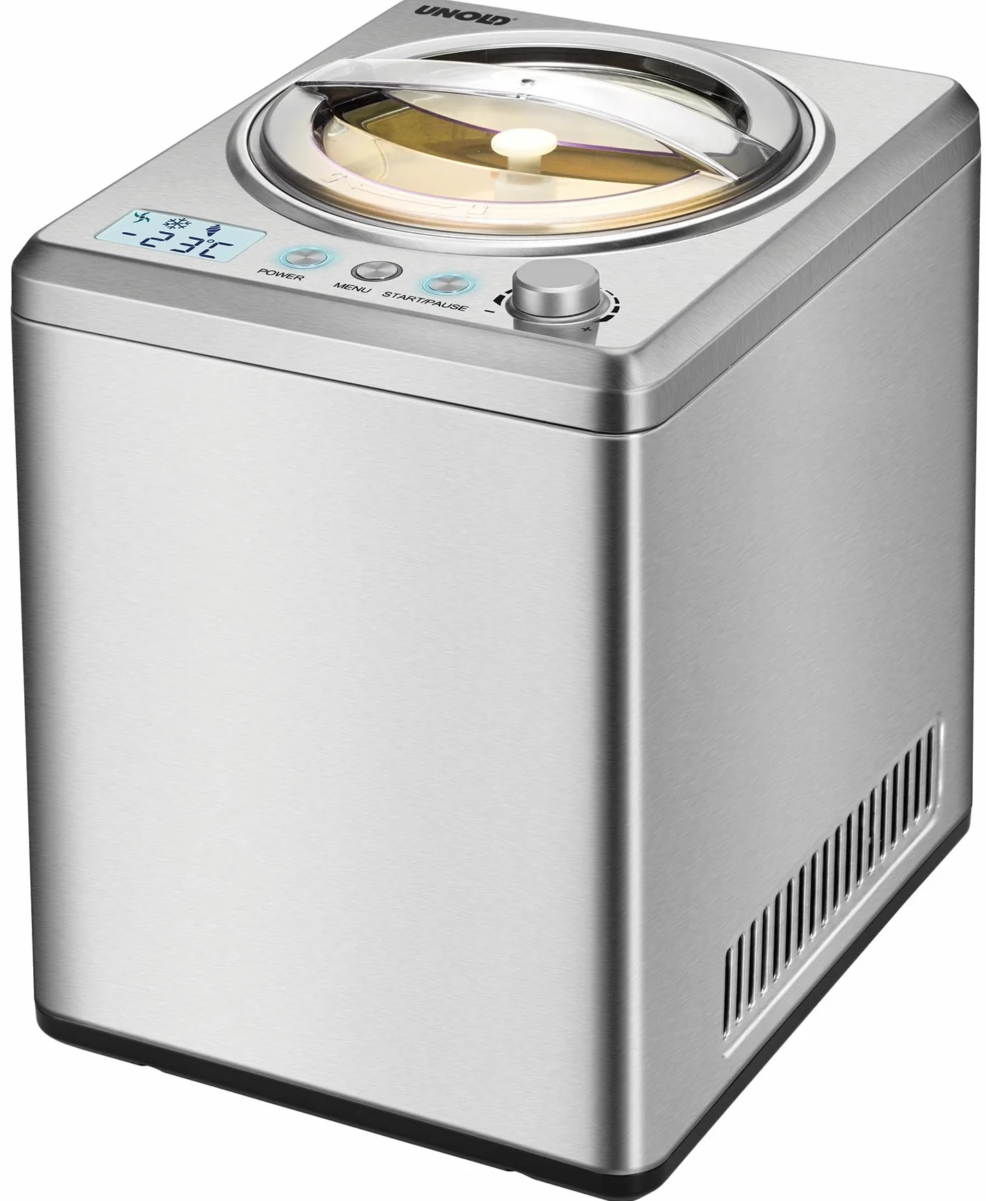 Unold 48880 Maszyna do lodów Profi Plus, 2,5 l, stal nierdzewna, w pełni automatyczna, sprężarka samochłodząca, wyświetlacz LCD, timer, również do lodów wegańskich, bezlaktozowych i zawierających stewię