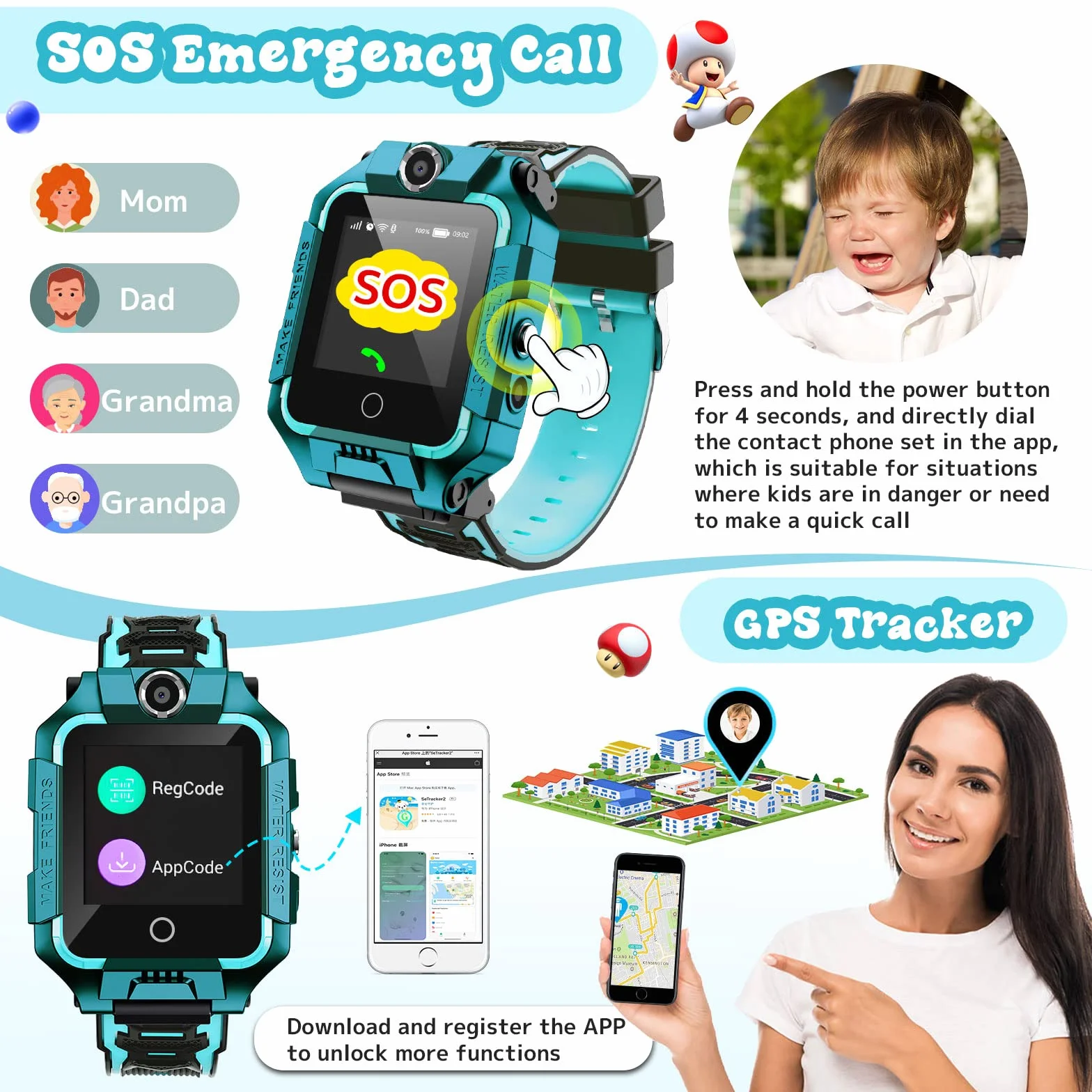 LiveGo Inteligentny zegarek 4G dla dzieci z lokalizatorem GPS i połączeniami, ekran dotykowy HD dla dzieci zegarek na telefon komórkowy łączy SMS, głos, rozmowy wideo, SOS, krokomierz, smartwatch 4G dla dzieci, chłopców, dziewcząt 6-12 (T10 cyjan)