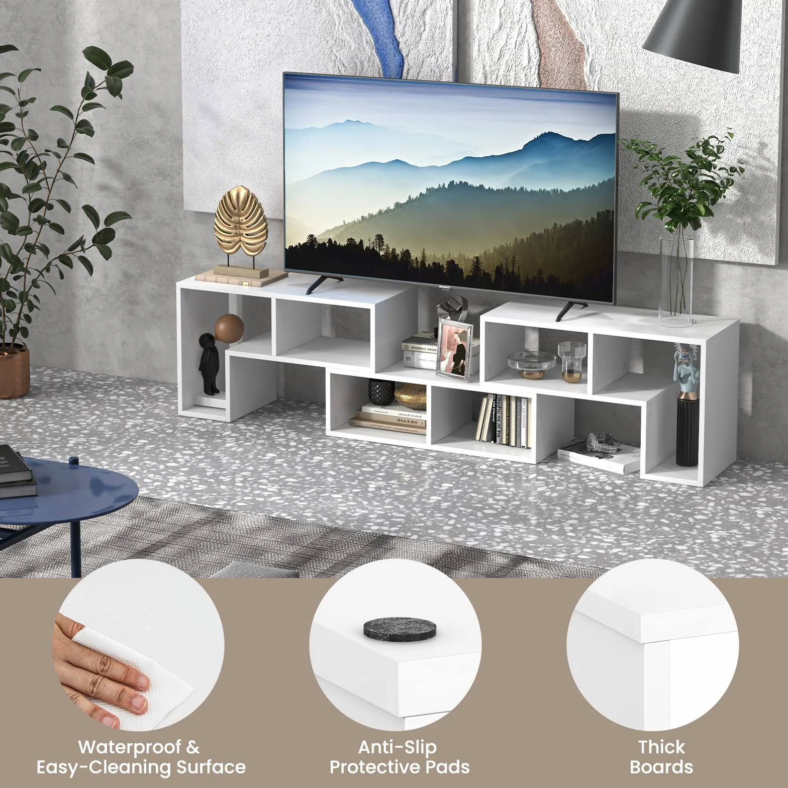 GIANTEX Stojak do telewizora 65 cali, szafka pod TV 134-180 x 30 x 43 cm biały