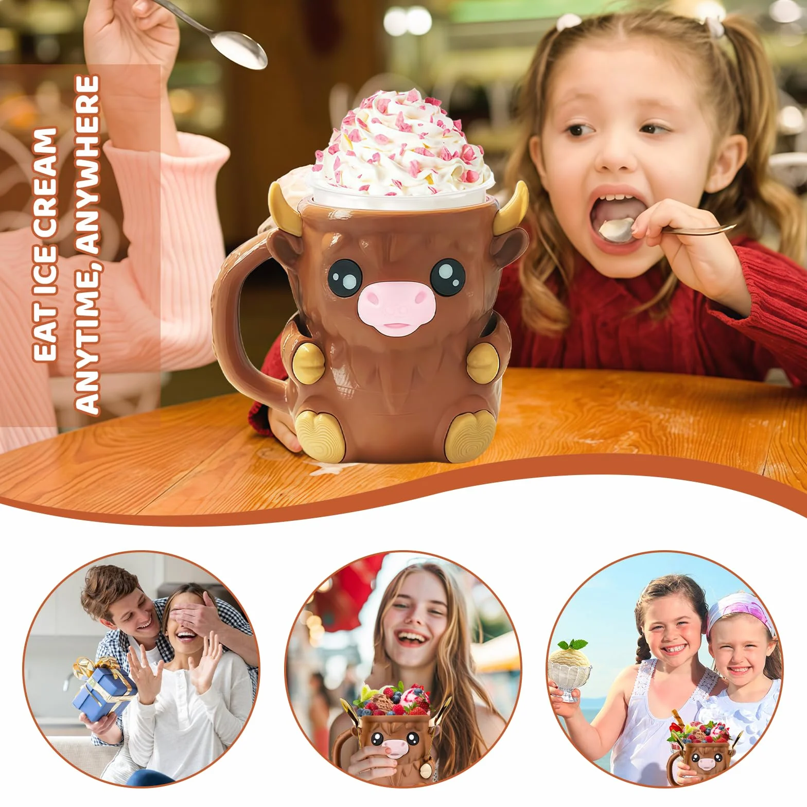 Yamobi Cute Highland Cow Ice Pint Holder, uchwyt na pintę lodu z łyżeczką, 473 ml zapobiegający zamarzaniu rąk kubek na lody z otworem na łyżkę, tajna szuflada na przekąski