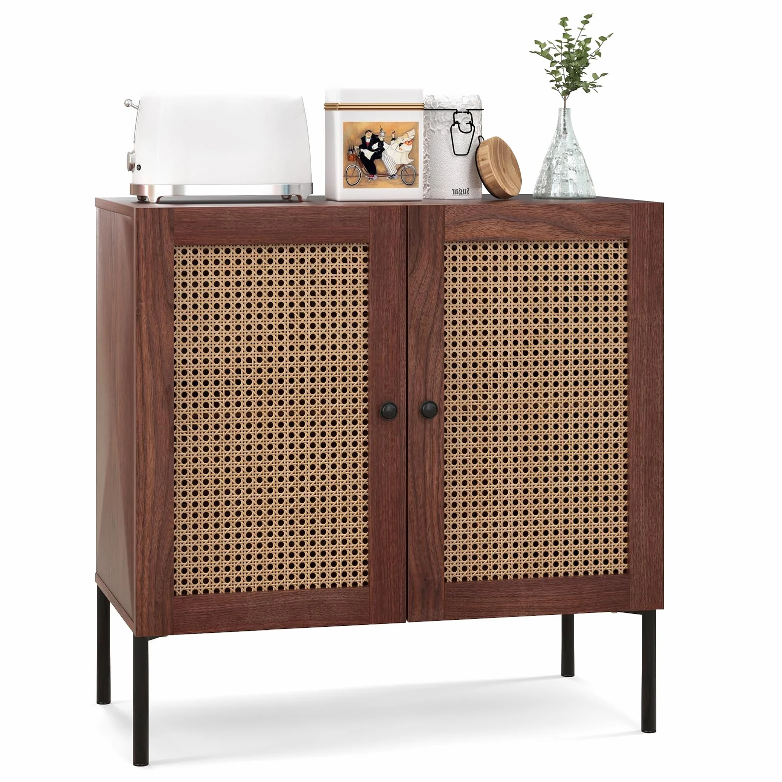 COSTWAY Kredens z 2 drzwiami rattanowymi, szafka kuchenna z drewna, 80 x 40 x 80 cm, orzech