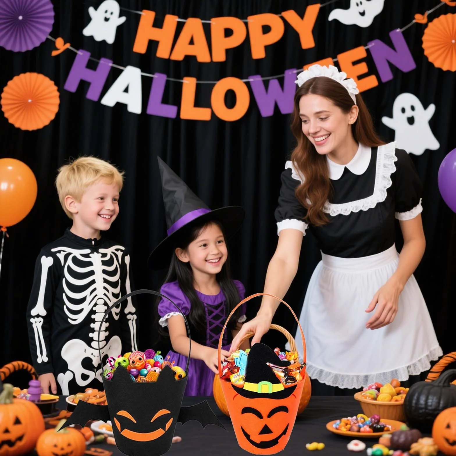 Zestaw wiader na Halloween, 2 filcowe kosze na słodycze z motywem dyni i nietoperza, kosz na Halloween dla dzieci, miska na słodycze do kolekcjonowania i dekorowania