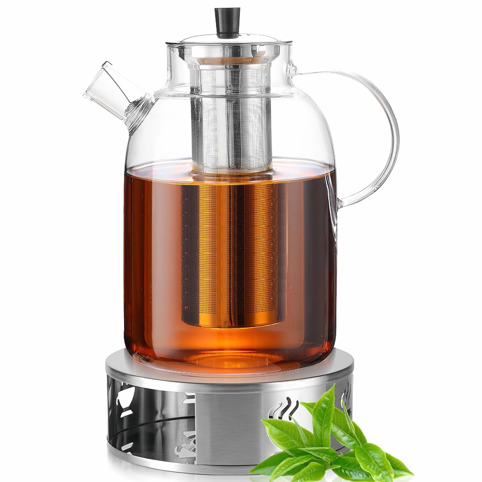 Dzbanek do herbaty, szklany z podgrzewaczem, 1,8 l, szklany dzbanek do herbaty z sitkiem, zaparzacz do herbaty z sitkiem i podgrzewaczem, utrzymuje ciepło przez długi czas, stal nierdzewna, do