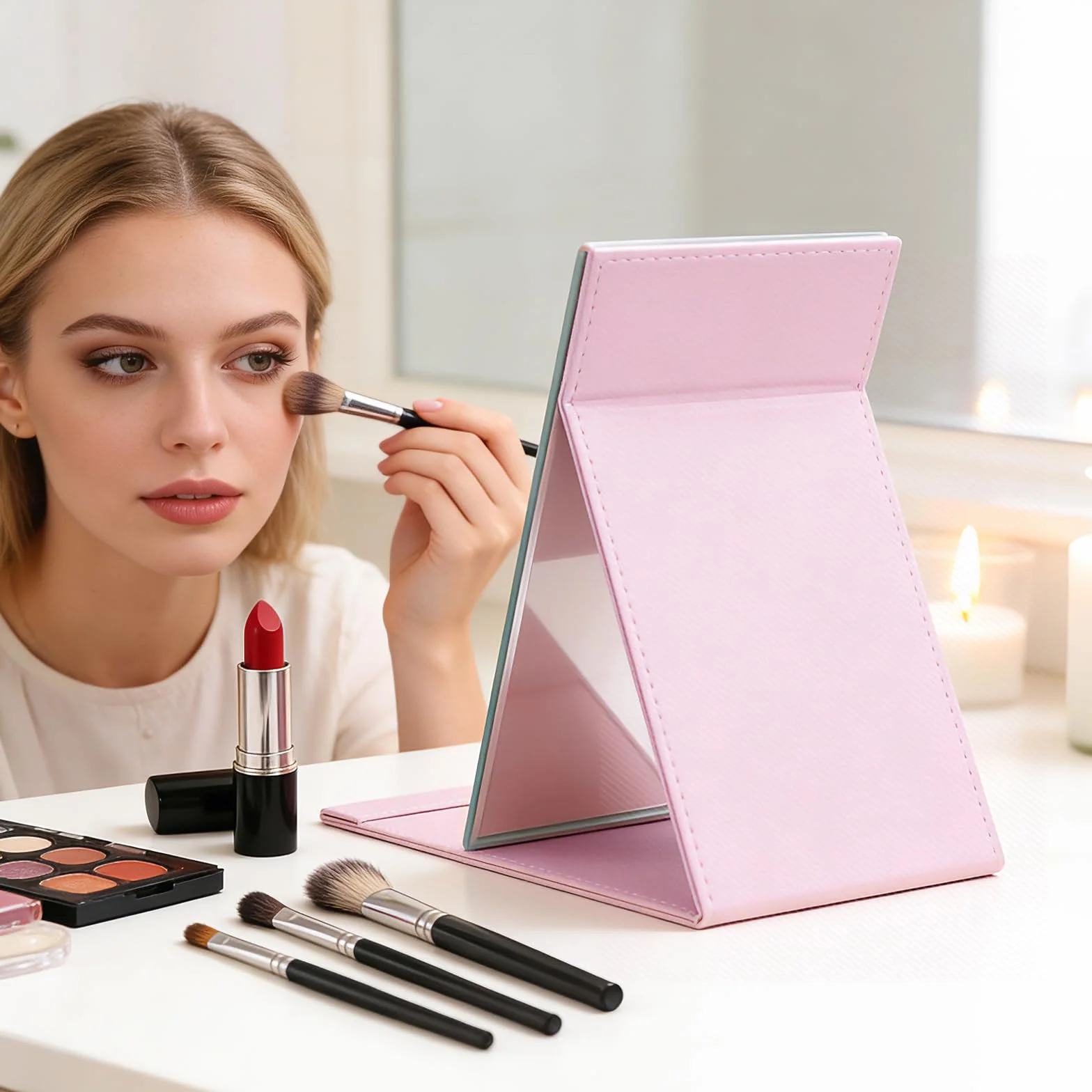 Lusterko podróżne DUcare Lusterko do makijażu Składane lusterko ze skórzaną osłoną PU Kompaktowe lusterko Super HD na biurko, biuro, dom, kemping, podróże (20 x 15 cm-różowy)