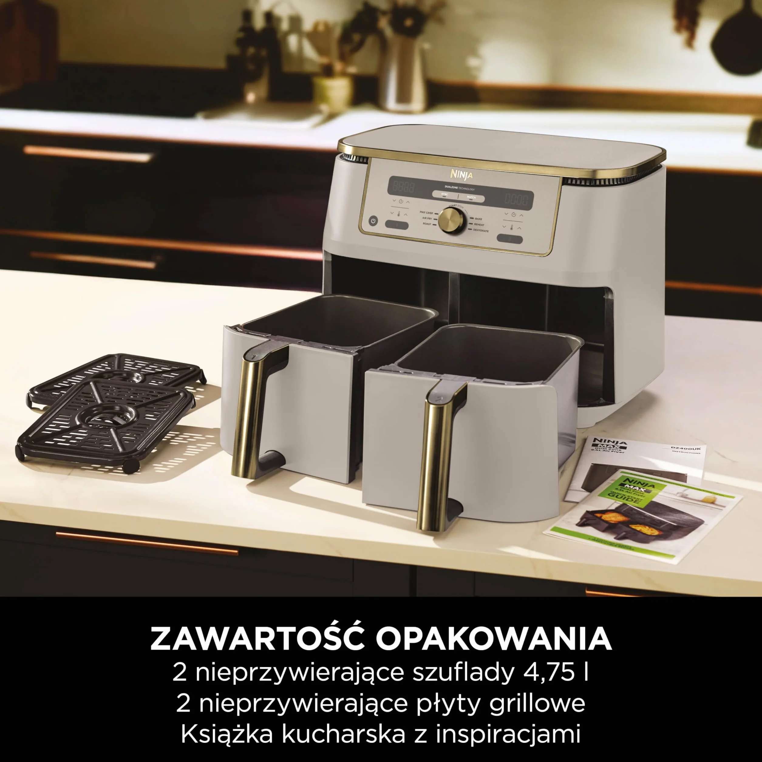 Ninja MAX Dwustrefowa frytkownica, 2 szuflady, 9,5 l, zero oleju, Air Fry, Max Crisp, Roast, Bake, Reheat, Dehydrate, nieprzywierające kosze do mycia w zmywarce, Złoty odcień kamienia, DZ400EUSTGD