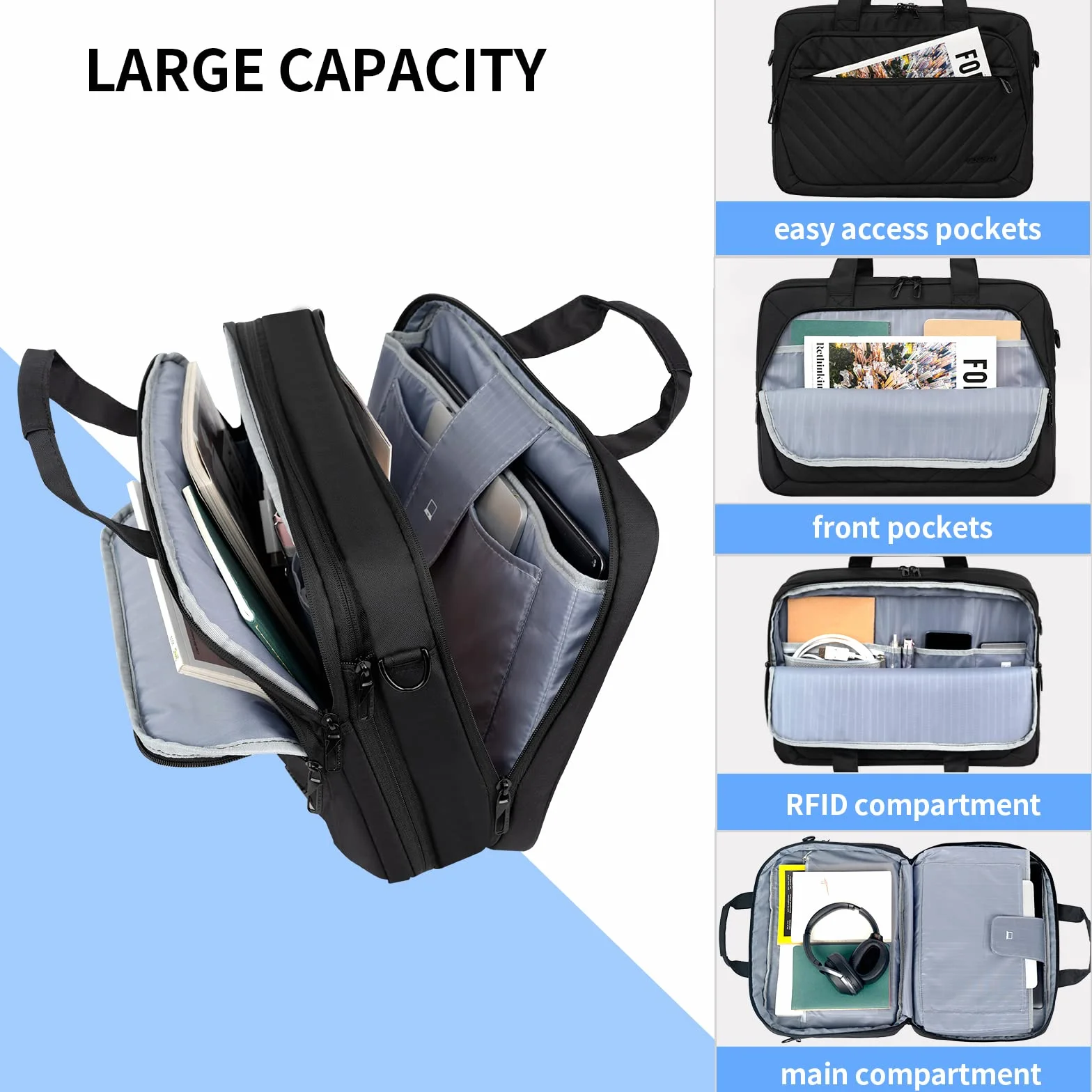 VANKEAN Torba na laptopa 17" dla kobiet i mężczyzn, modna, przyjazna dla TSA, wodoszczelna aktówka na podróż służbową, do szkoły, torba robocza z przegródkami RFID, czarna