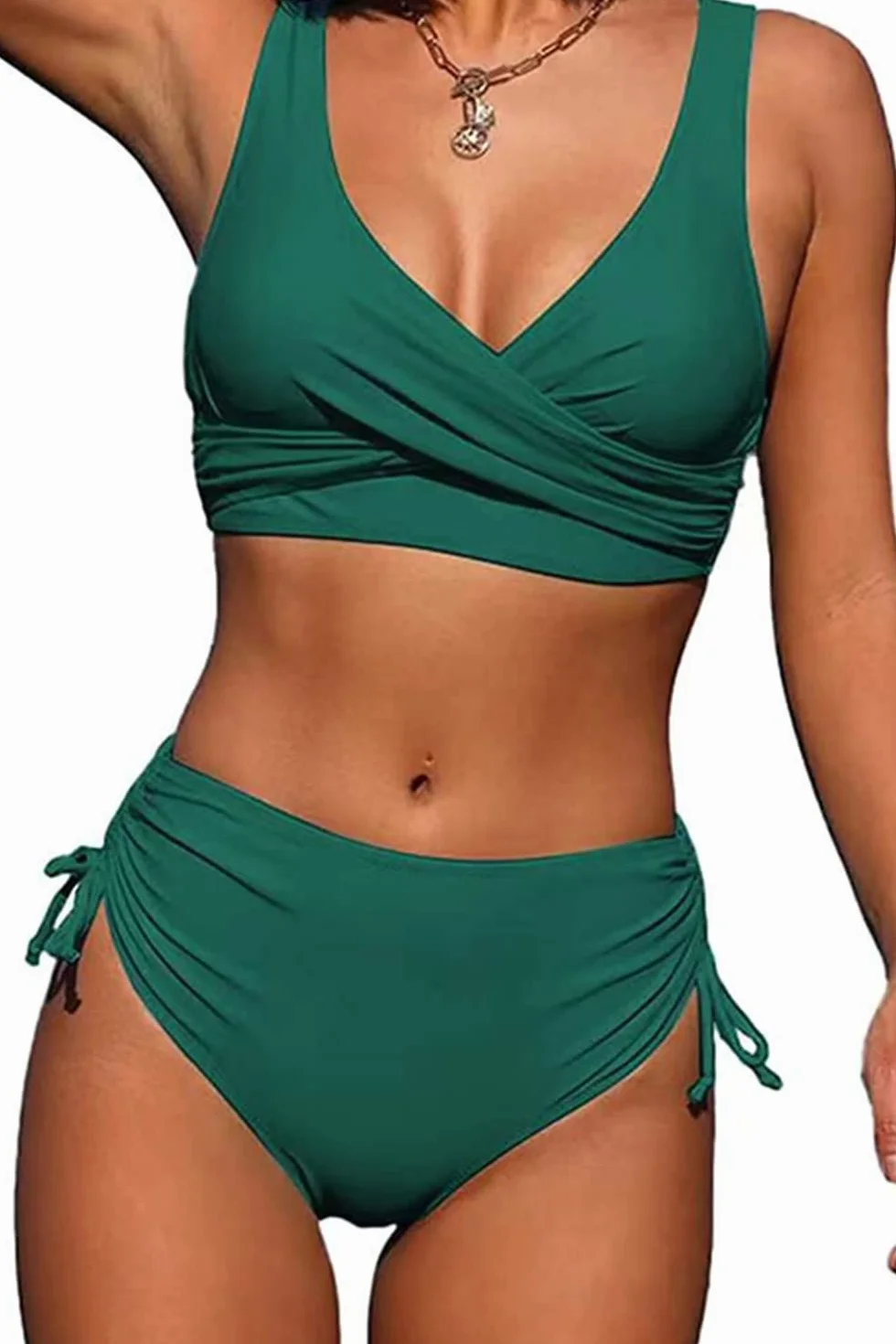 CheChury Damski zestaw bikini z wysokim stanem seksowny push up cross wrap twist front strój kąpielowy krawat boczny 2-częściowy solidny strój kąpielowy