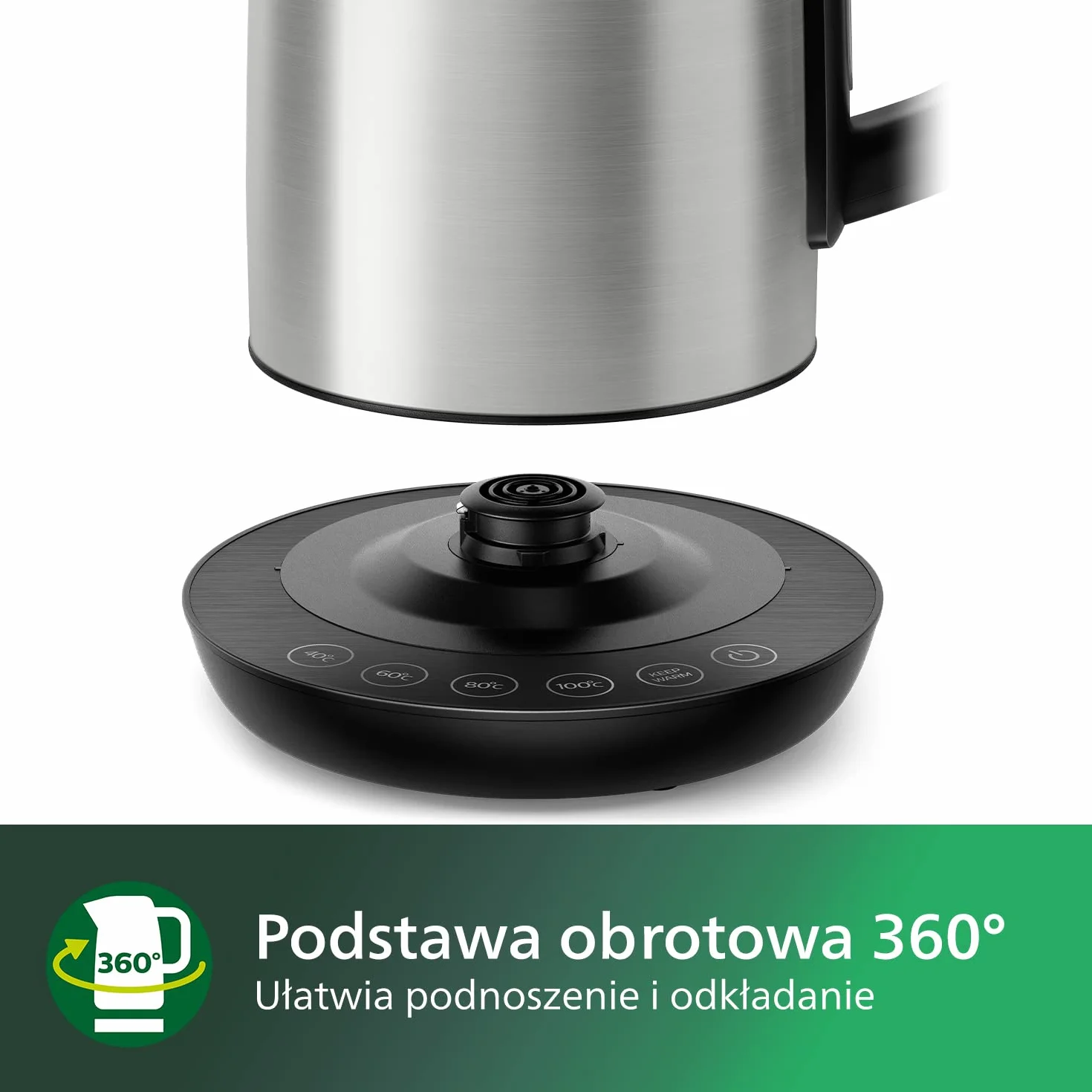 Philips Czajnik elektryczny - 1,7 l, Regulacja temperatury, Funkcja utrzymywania ciepła, Pokrywka z mechanizmem sprężynowym, Wskaźnik świetlny, Stal szlachetna, Obrotowa podstawa (HD9359/90)