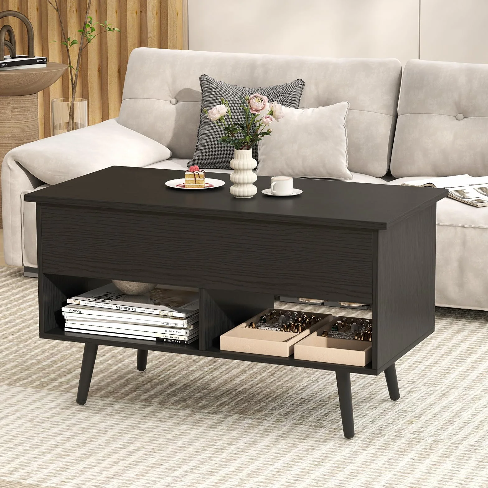 COSTWAY Stolik kawowy z regulacją wysokości, podnoszonym blatem i 2 półkami, 80 x 40 x 46-60 cm, czarny