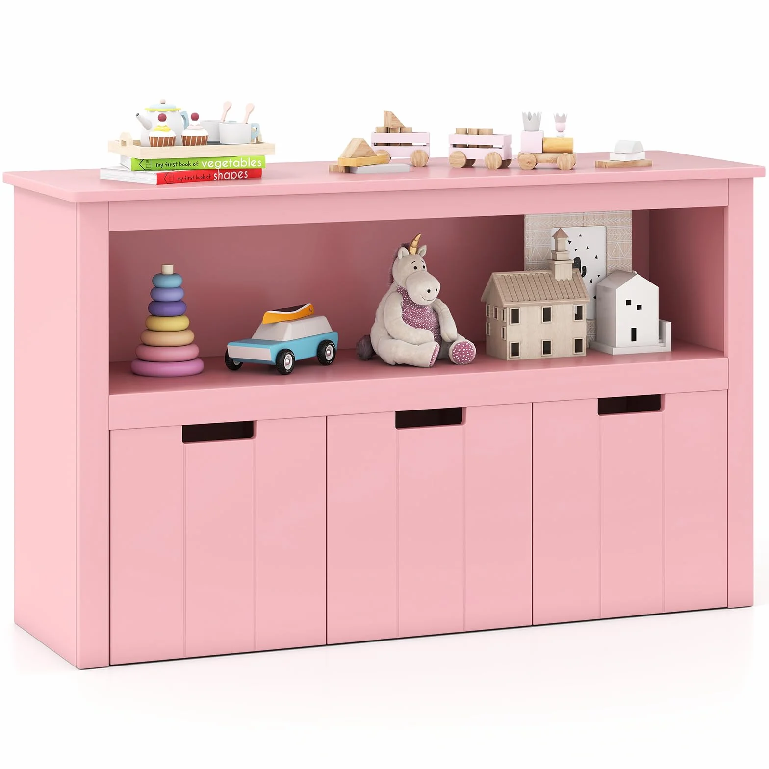COSTWAY Komoda na zabawki, 3 szuflady, organizator dla pokoju i salonu, drewniana (różowa, 102 x 33 x 62 cm)