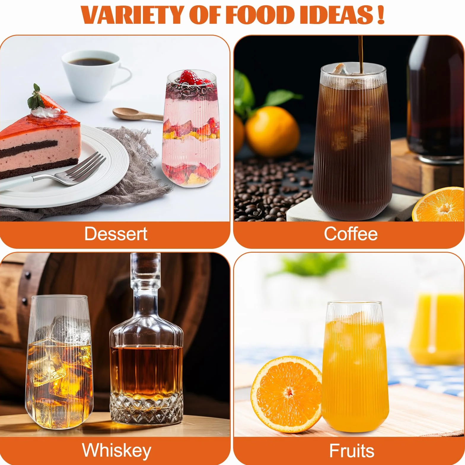 Auauraintt Szklanki do Latte Macchiato i Cappuccino - 4 Sztuki, 500 ml, Prążkowane Kubki Szklane, Przezroczyste, Odporne na Wysoką Temperaturę, do Margarity, Koktajli, Kawy