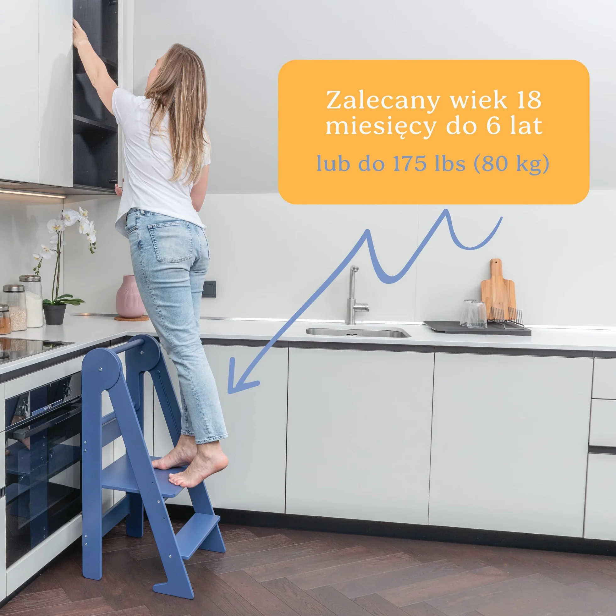 TOYBOX Wieża Edukacyjna Montessori Składany Pomocnik Kuchenny z Poręczą Naturalne Drewno