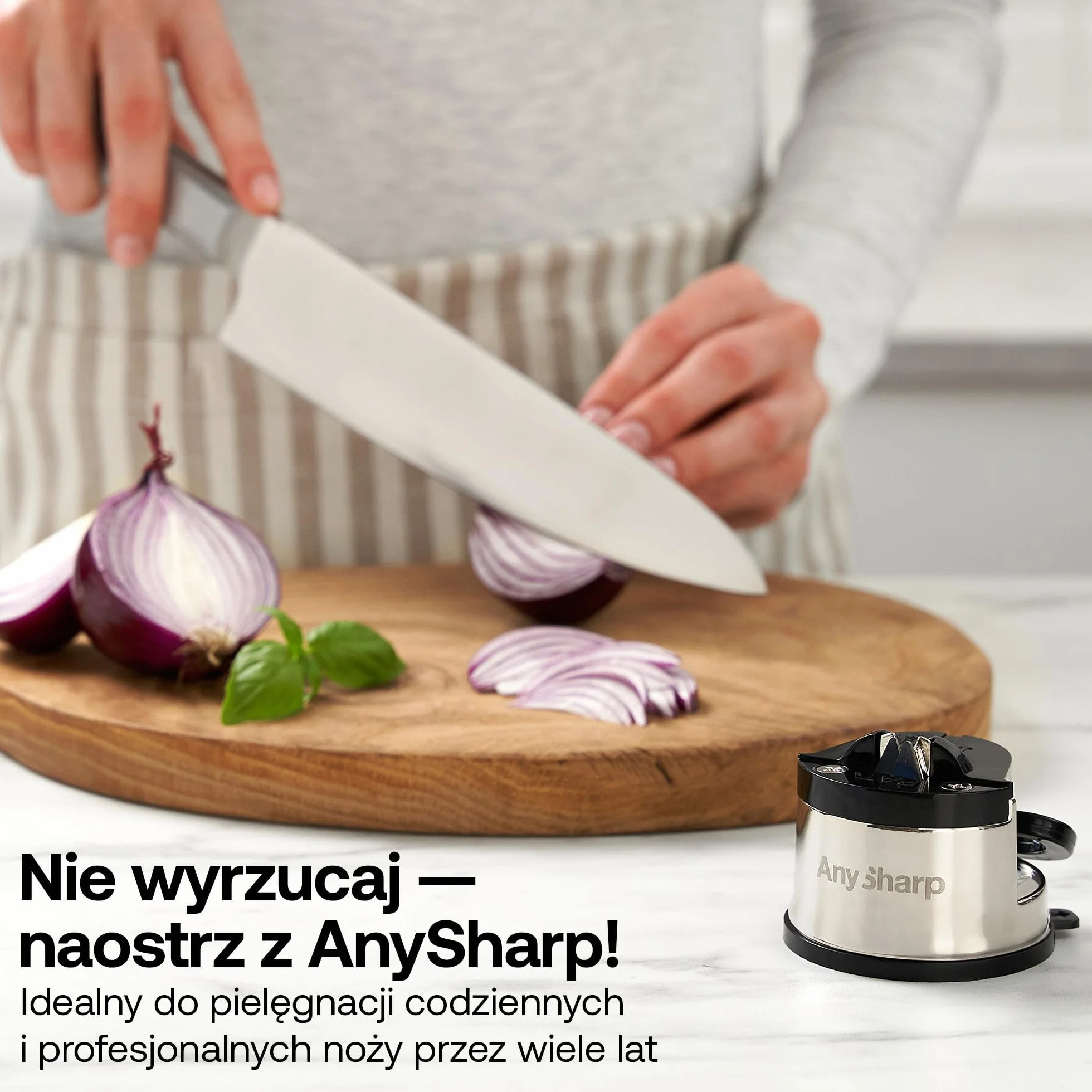 AnySharp Pro Metalowa Ostrzałka do Noży, Bezpieczne Ostrzenie, Stal Hartowana, Ząbkowane, Kompaktowa, Srebrna