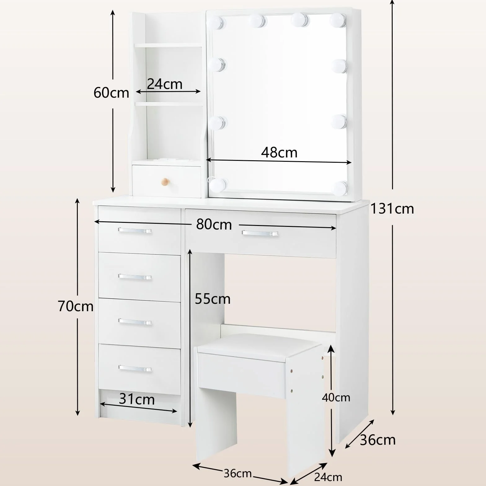 Toaletka z oświetleniem i lustrem Biała 36 x 80 x 131 cm 3 temperatury barwowe Regulowana jasność