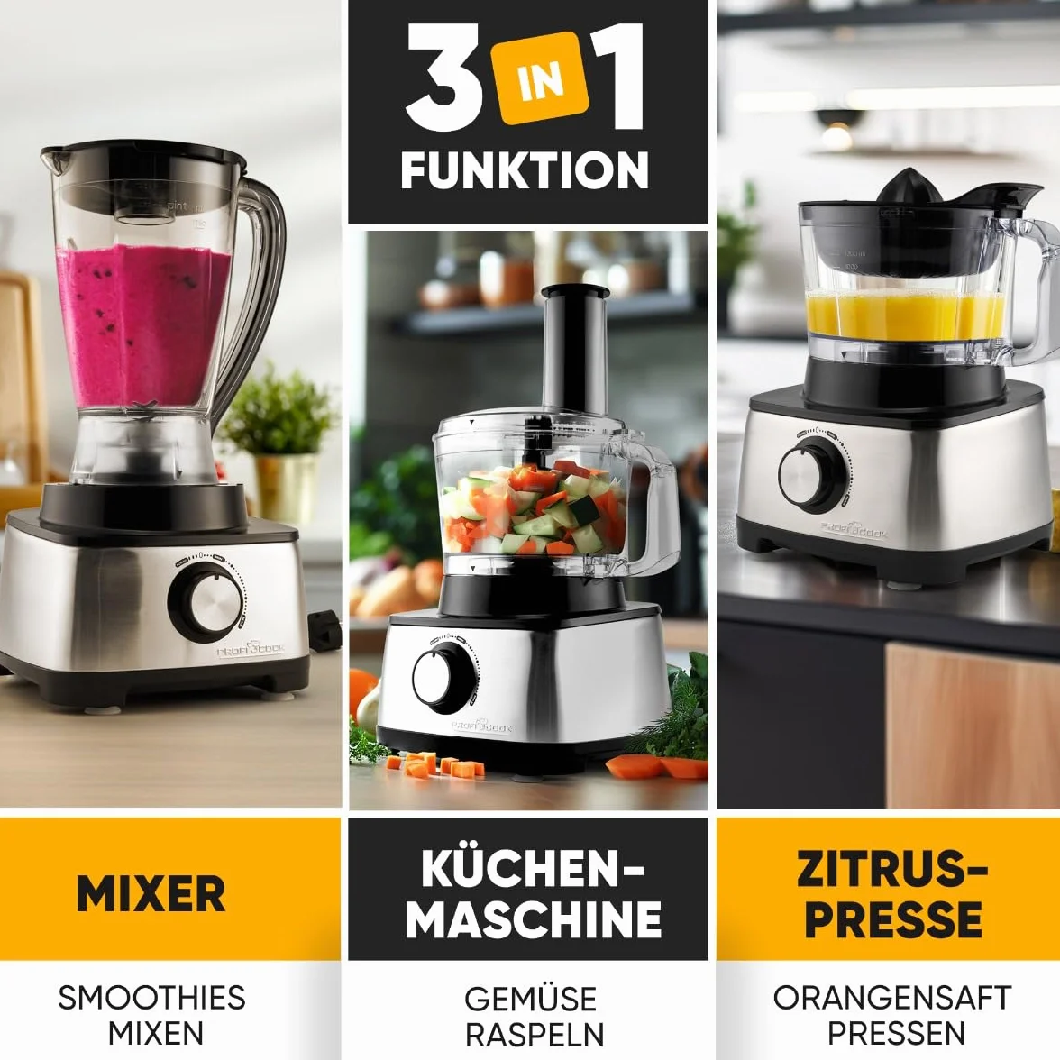ProfiCook PC-KM 1063 Kompaktowy robot kuchenny z obudową ze stali nierdzewnej, 1,2 l, otworem do napełniania, 1200 W
