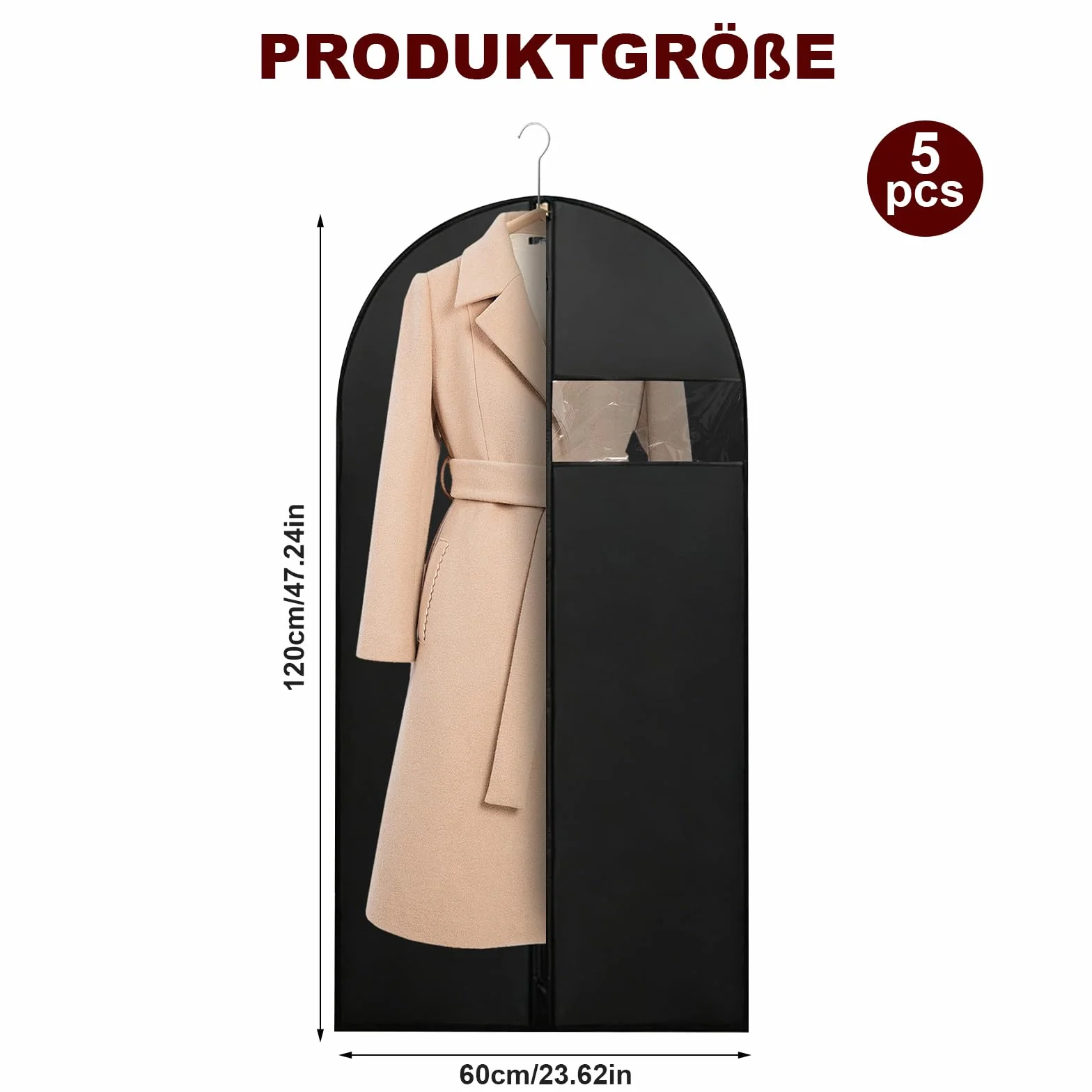 Worek na ubrania 120 x 60 cm, 5 sztuk długich worków na ubrania, wysokiej jakości worki na ubrania, odporne na mole, pokrowce na ubrania z zamkiem błyskawicznym, długi pokrowiec ochronny na koszule