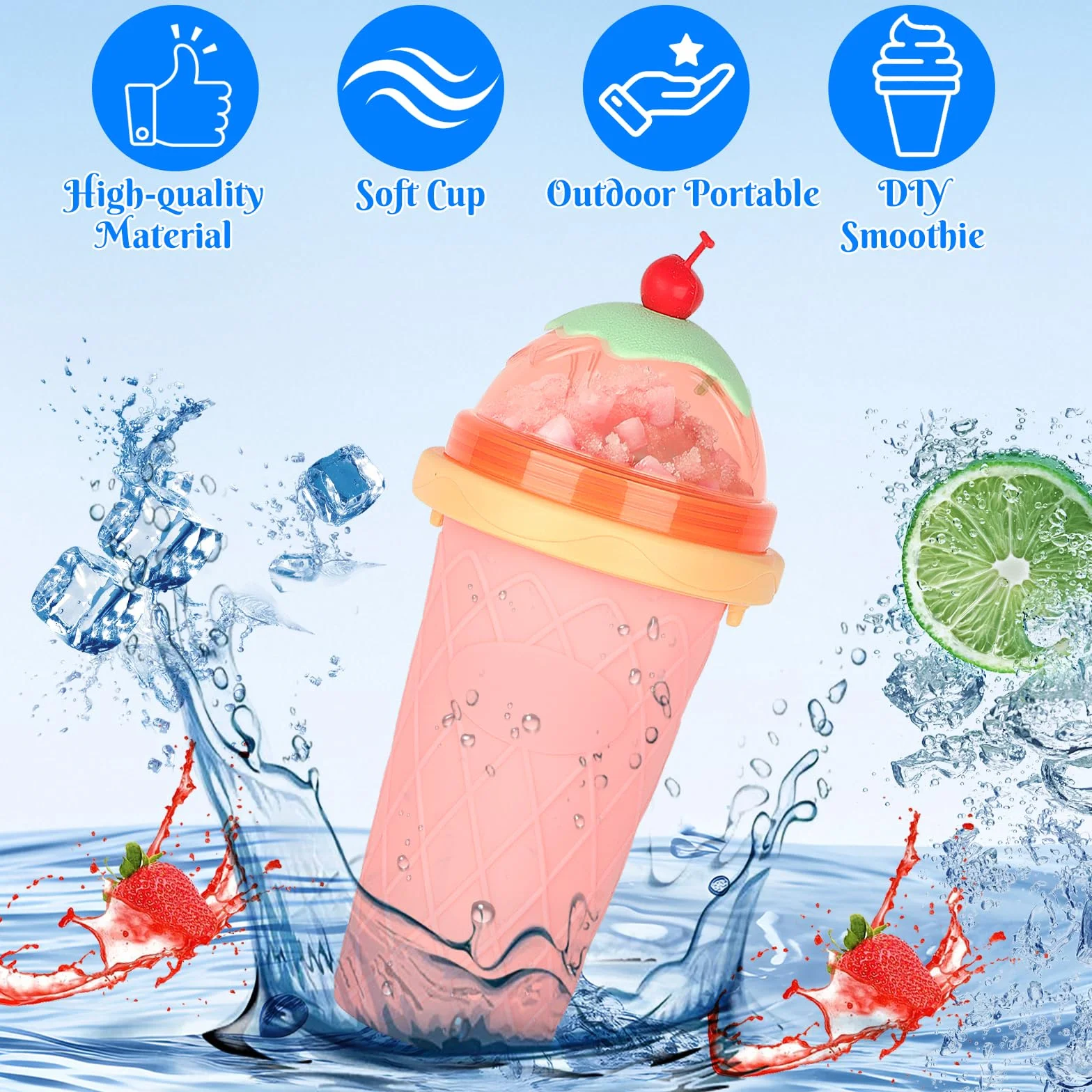 Silikonowy kubek do slushy typu zrób to sam ze słomką i łyżeczką 2 w 1, różowy