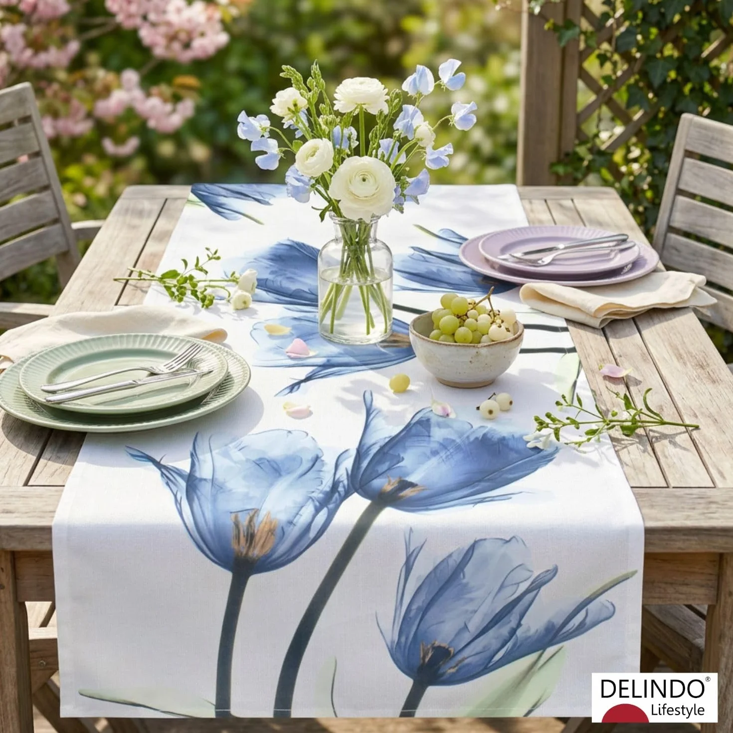 Bieżnik na stół 40x140 cm, tulipany, niebieski, beżowy kremowy, nowoczesny nadruk, na wiosnę i lato