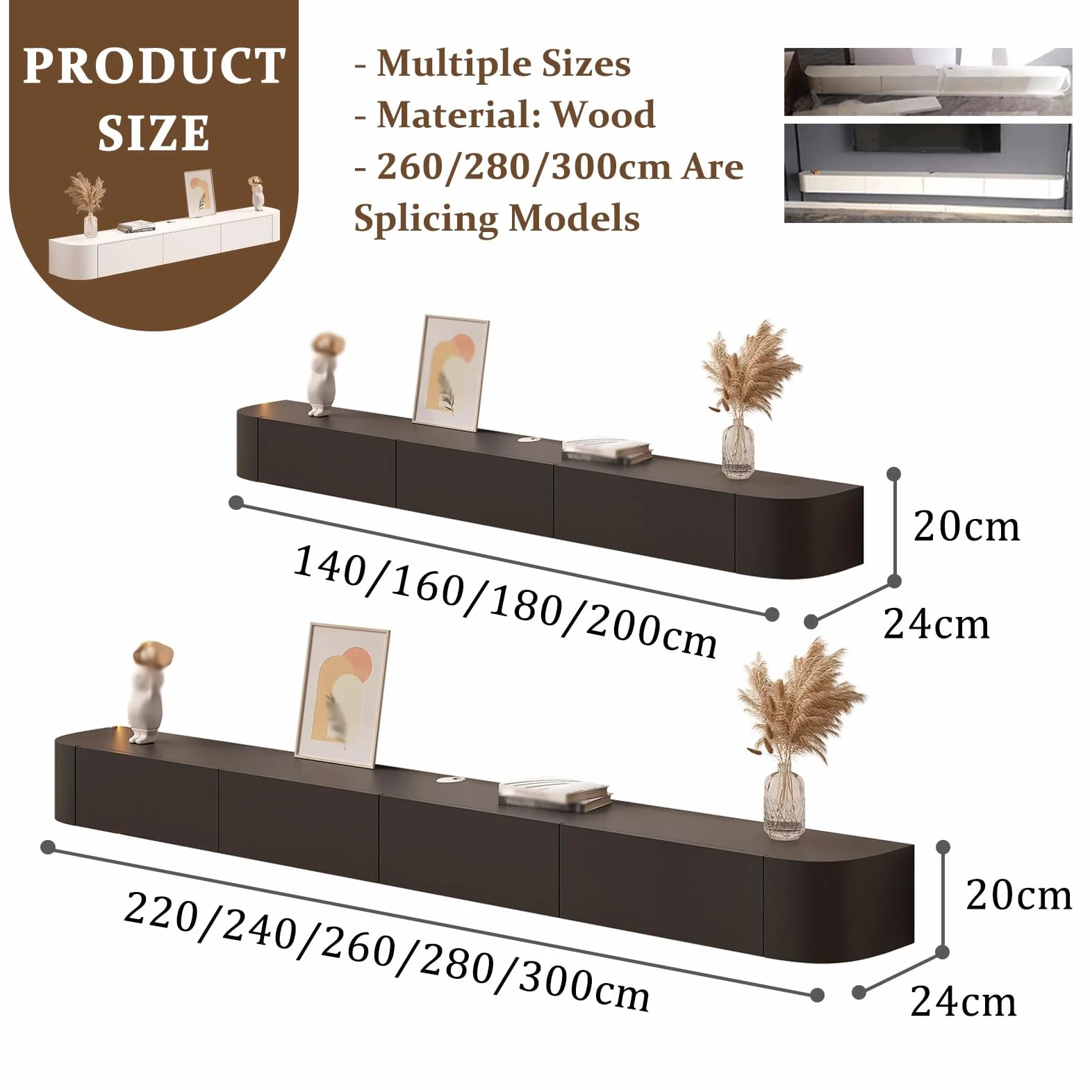 Solid Wood Wall-Mounted TV Storage Cabinet z Szafkami 160cm Czarny