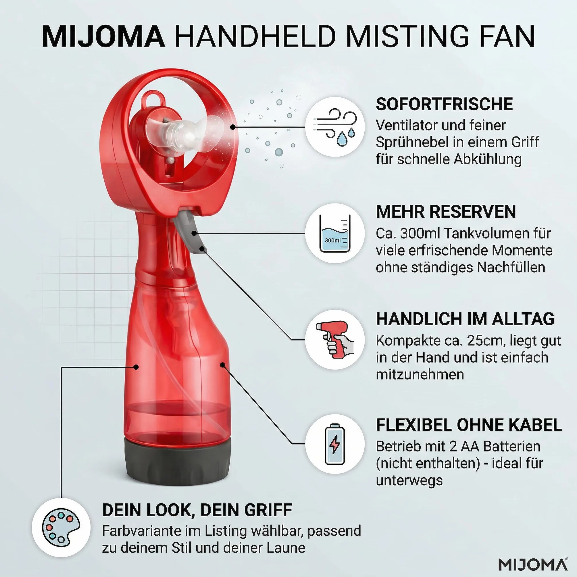 MIJOMA Wentylator ręczny z mgiełką 300 ml 25 cm 2 baterie AA czerwony