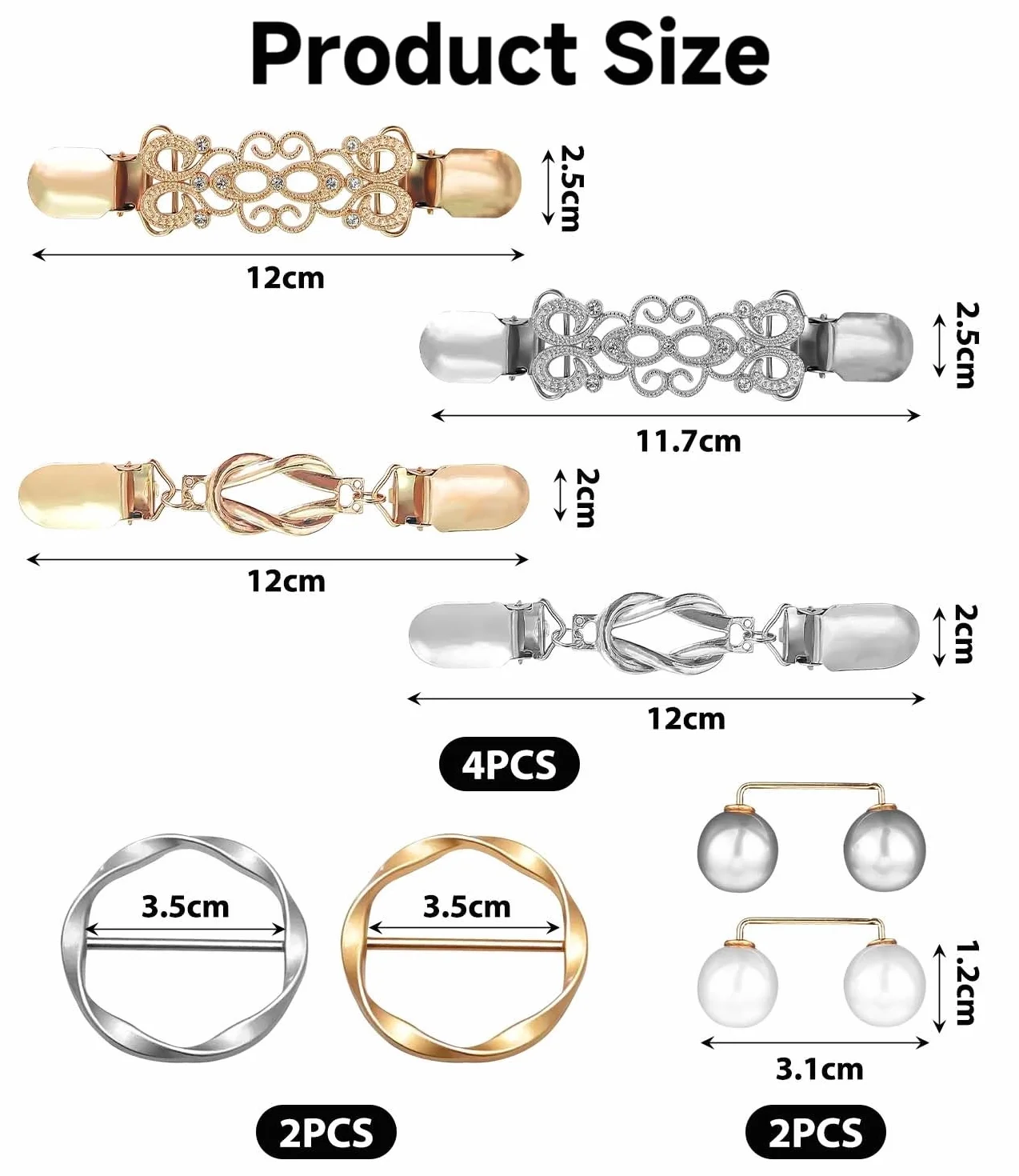 8 sztuk damskich metalowych klamer, 4 różne modele, wycięcie na ubrania, klips do t-shirtu, swetra, jedwabnego szalika, modny, talii, klips cinch