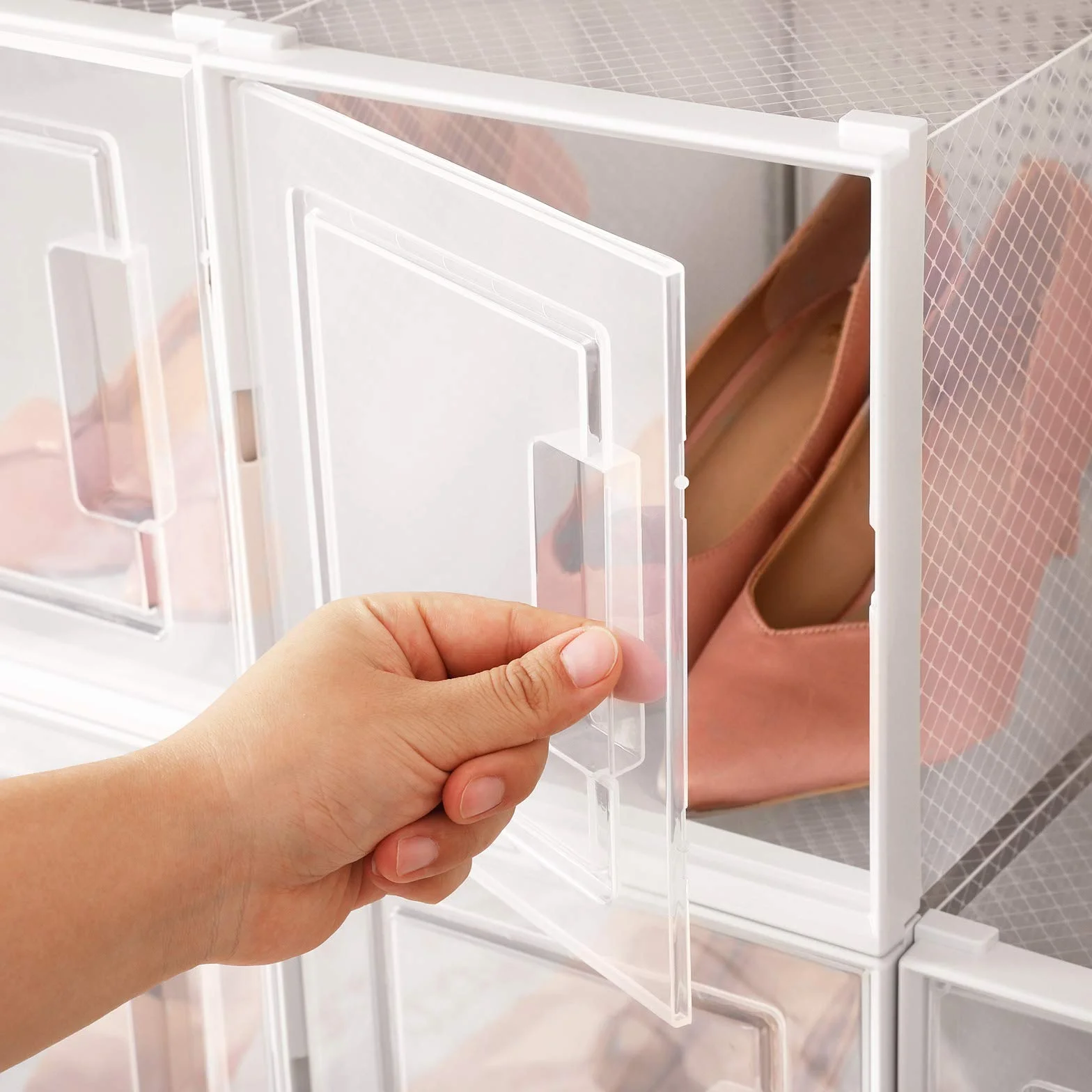 SONGMICS LSP001W01 Wysokie pudełka na buty, 10 sztuk plastikowych organizatorów do przechowywania butów na wysokich obcasach, botki, wysokie, można układać w stos, przezroczyste