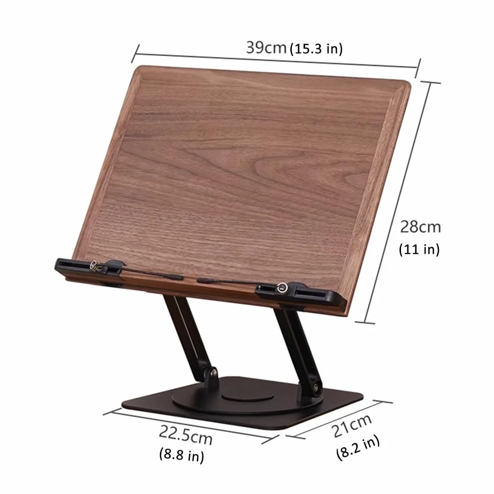 Drewniany stojak na książki składany obracany 360° regulowany 39x28 cm czarny orzech