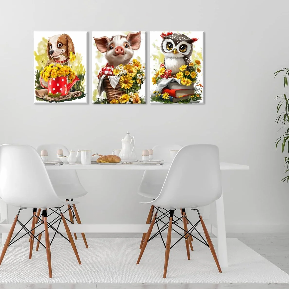 Piy Painting Sztuka ścienna na płótnie, świnka, uroczy pies z kwiatami, obrazy plakat i wydruki, dekoracje ścienne na płótnie do salonu łazienki, 30 x 40 cm, 3 sztuki, wbudowana drewniana rama