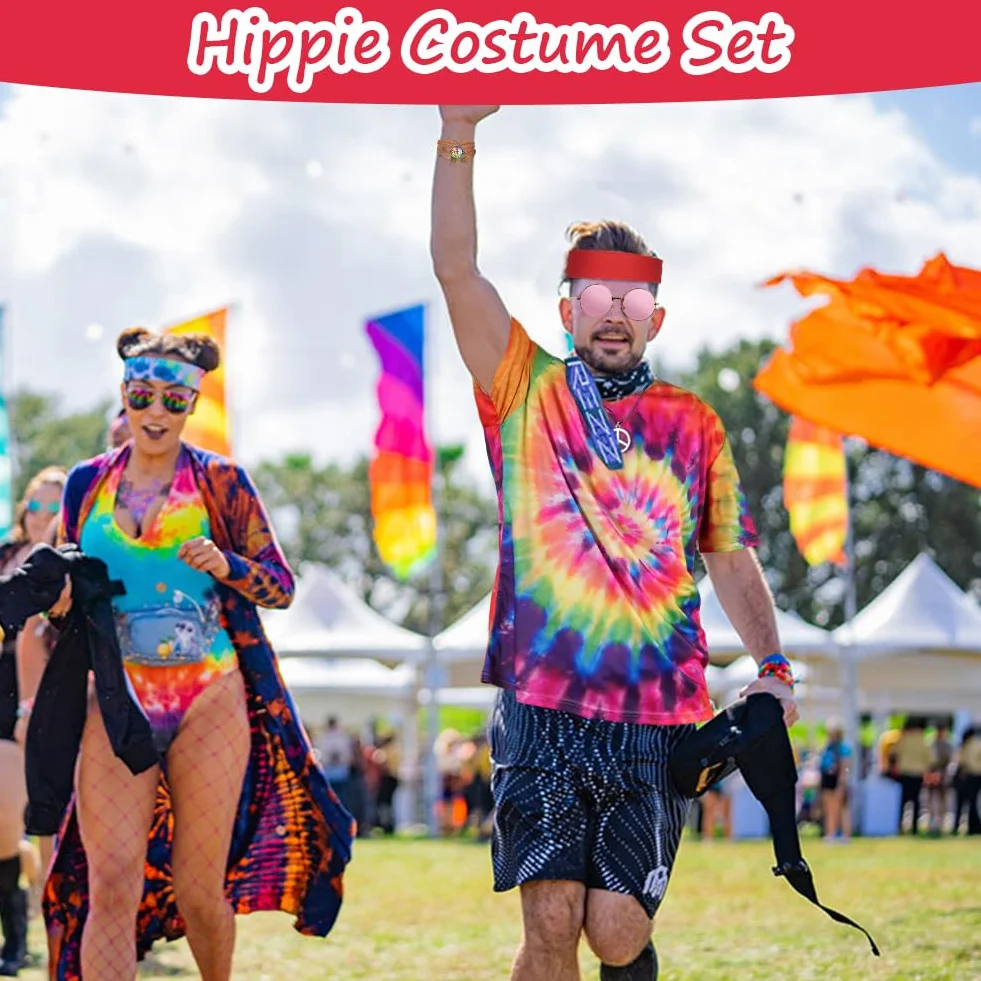 AOOWU Hippie kostium z lat 70-tych - 5 sztuk akcesoriów dla kobiet i mężczyzn z opaską na włosy, okulary przeciwsłoneczne, dyskoteka, karnawał Halloween