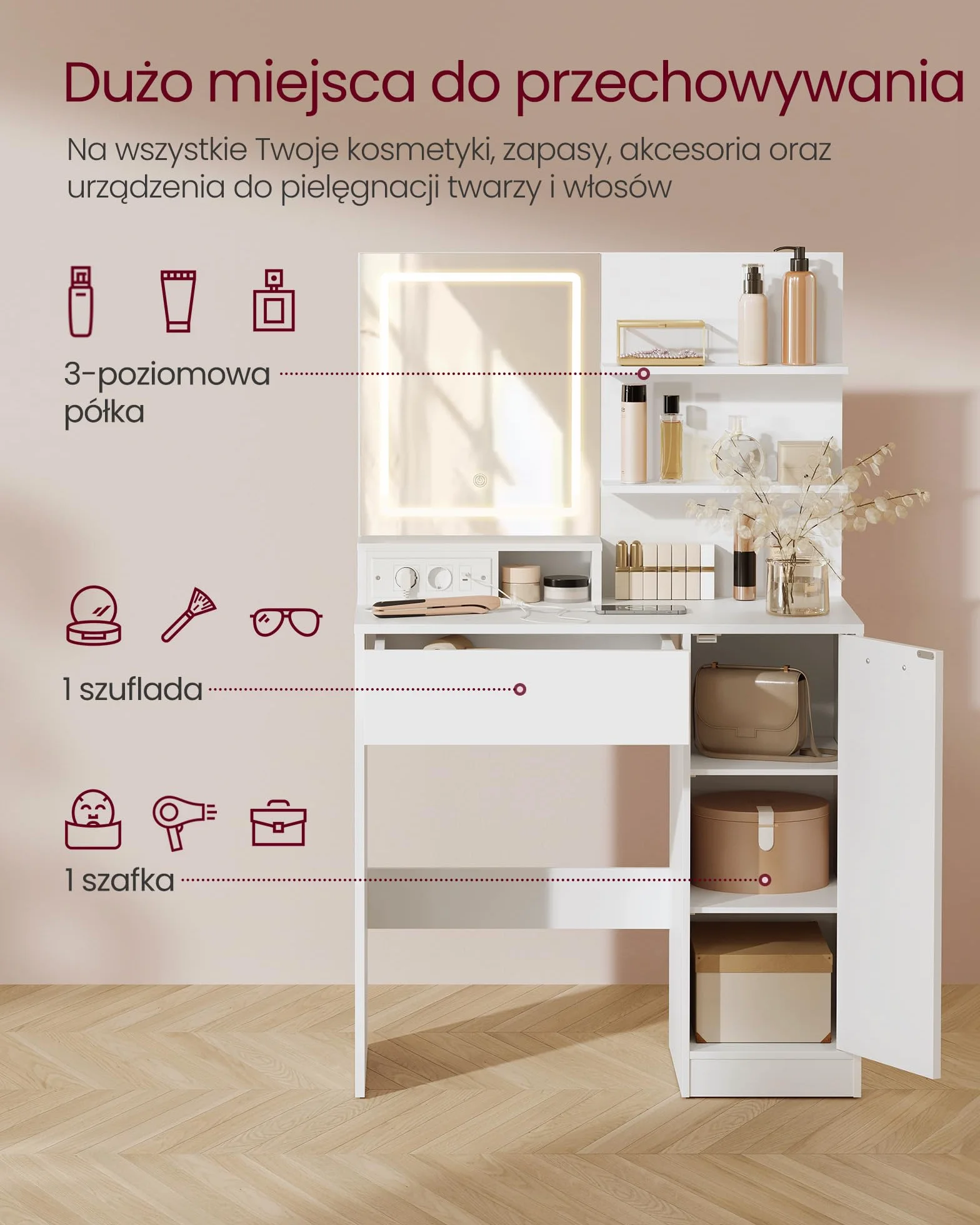VASAGLE Kolekcja Kailyn – Toaletka z Lustrem LED i Listwą Zasilającą, Szafka z 2 Regulowanymi Półkami, Biała