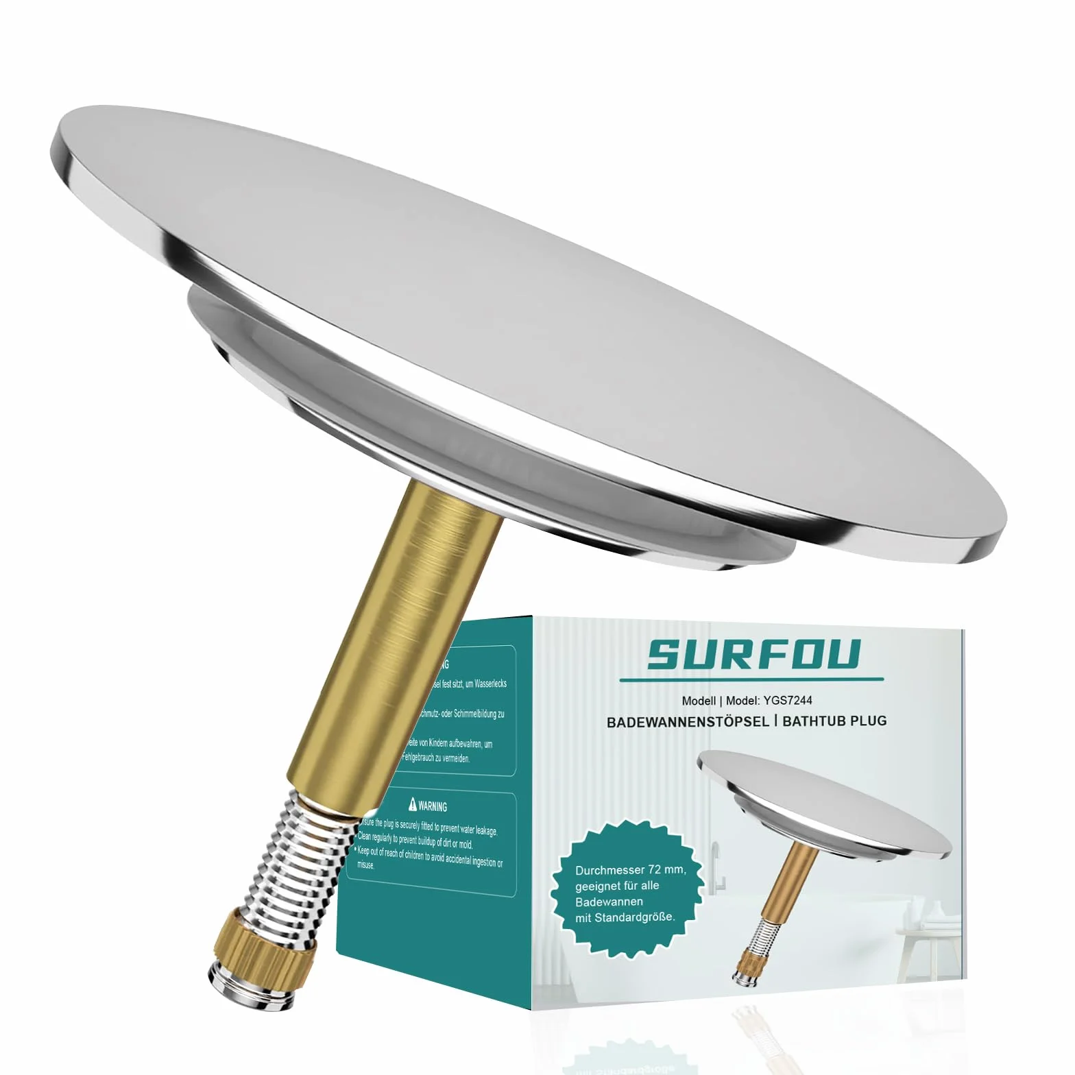 SURFOU Korek do Wanny Ø 72mm Zatyczka Odpływowy z Uszczelką 44mm Zamek do Odpływowy