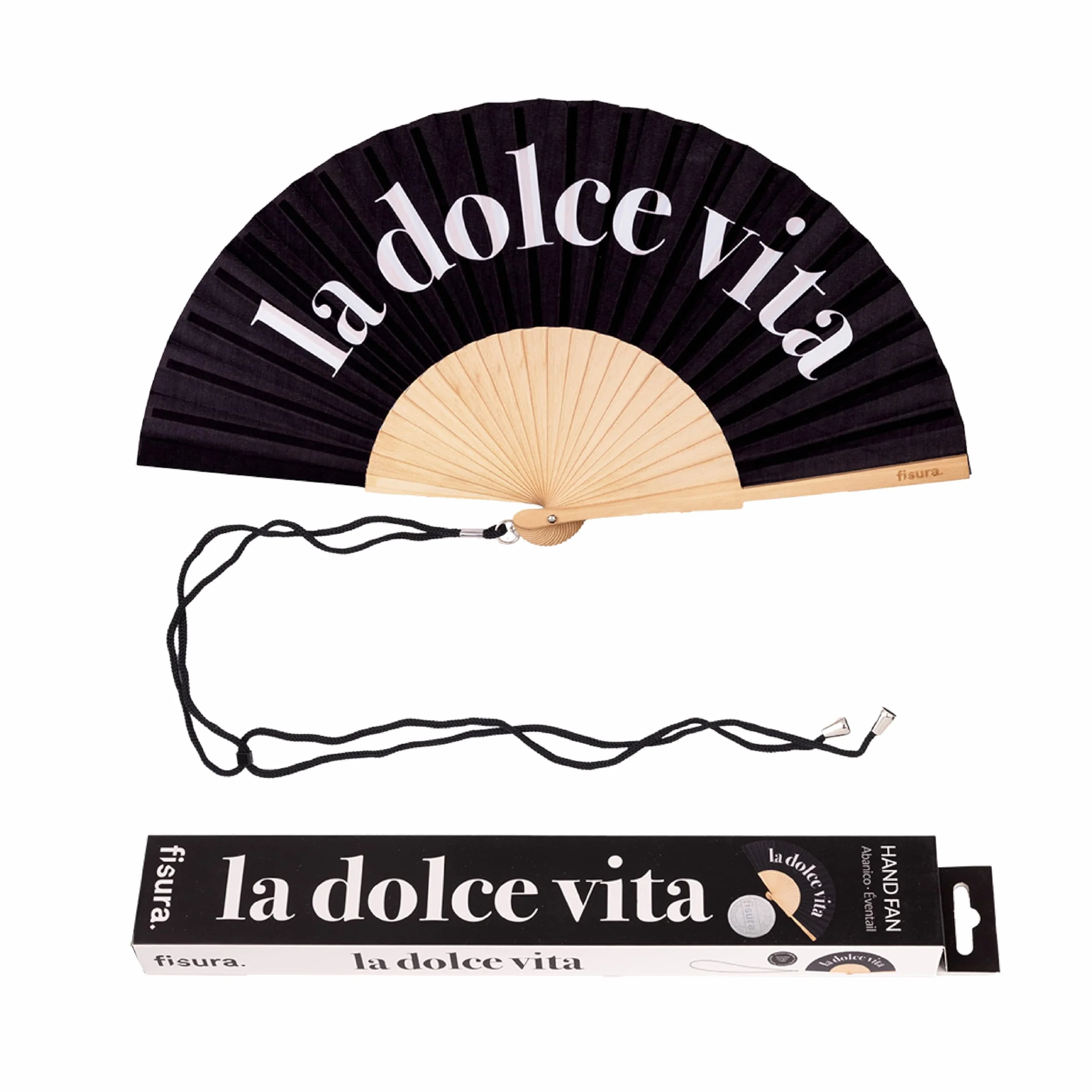 Fisura – Oryginalny wachlarz z napisem “dolce vita”, nowoczesny i stylowy. Drewniany model w eleganckim czarnym kolorze. Zawiera praktyczny uchwyt do zawieszenia. Wymiary: 42,5 x 23 cm